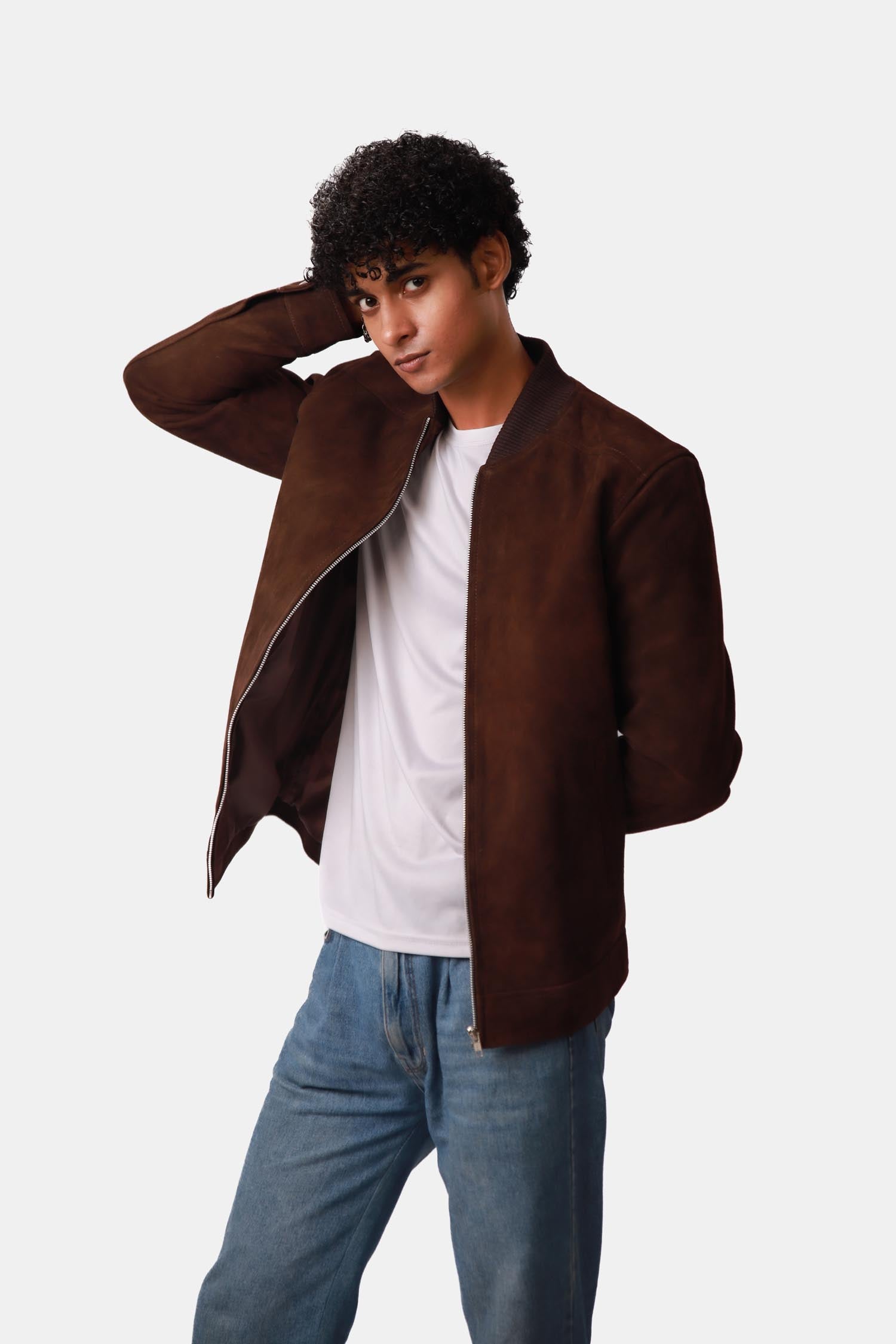 Brown Suede Leather Bomber Jacket