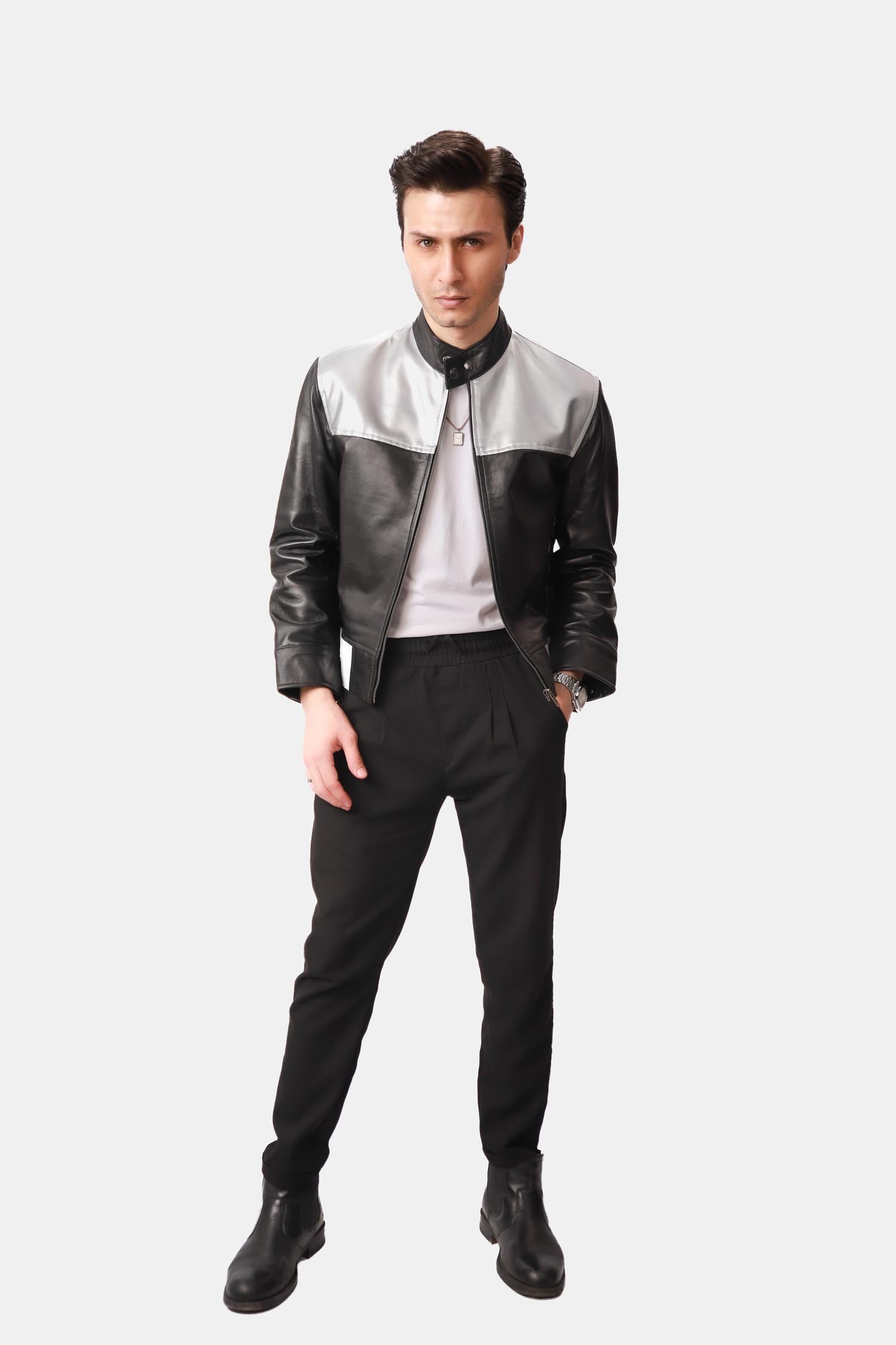 Metallic Black and Silver Leather Bomber Jacket For Men