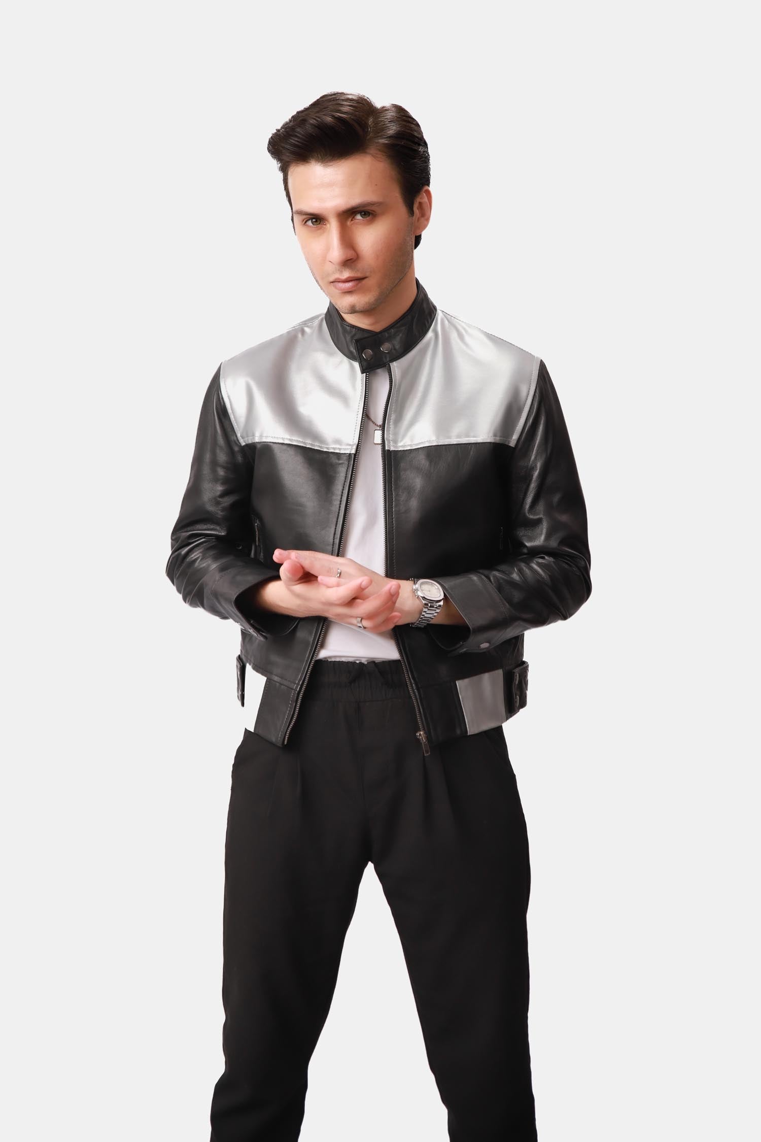 Metallic Black and Silver Leather Bomber Jacket For Men