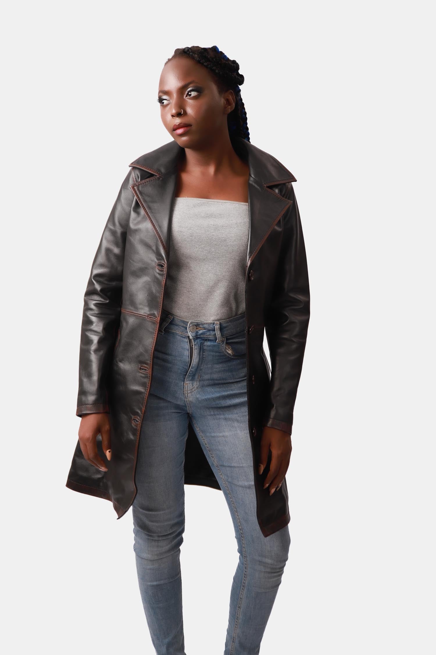 Black Single-Breasted Leather PeaCoat