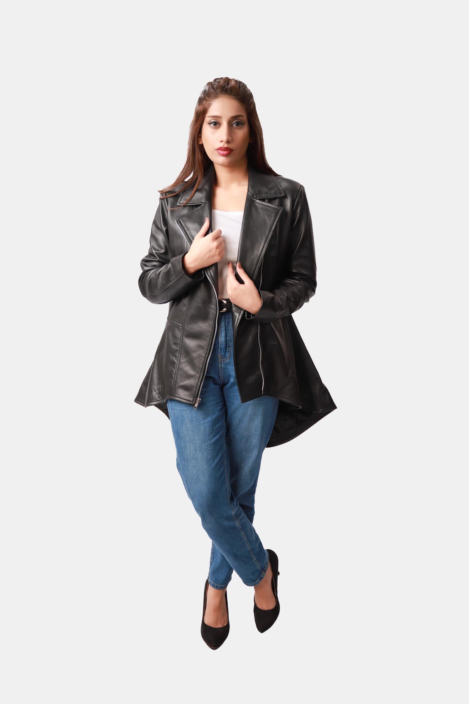 Mozart Black Leather Peplum Jacket For Women