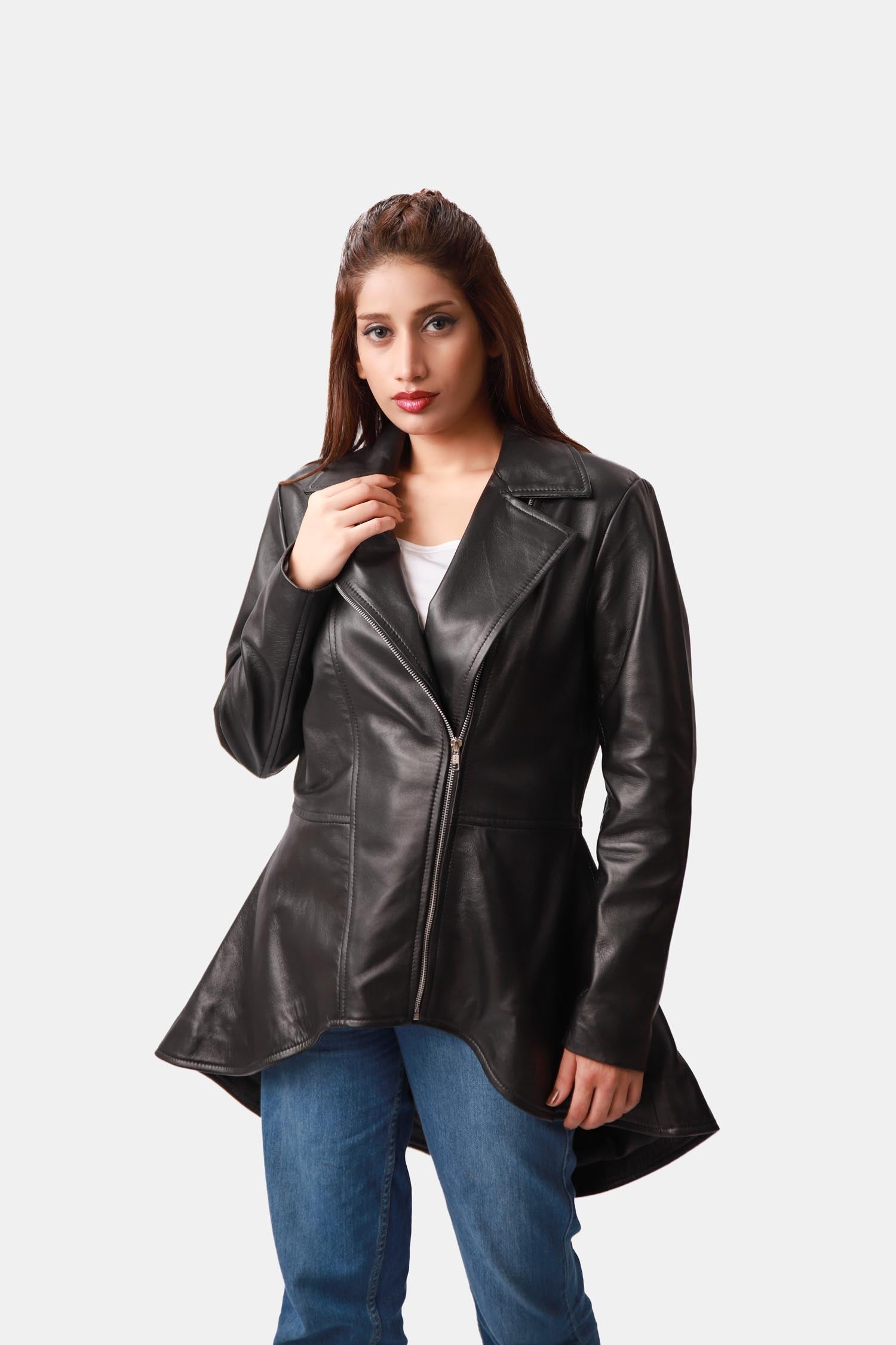 Mozart Black Leather Peplum Jacket For Women