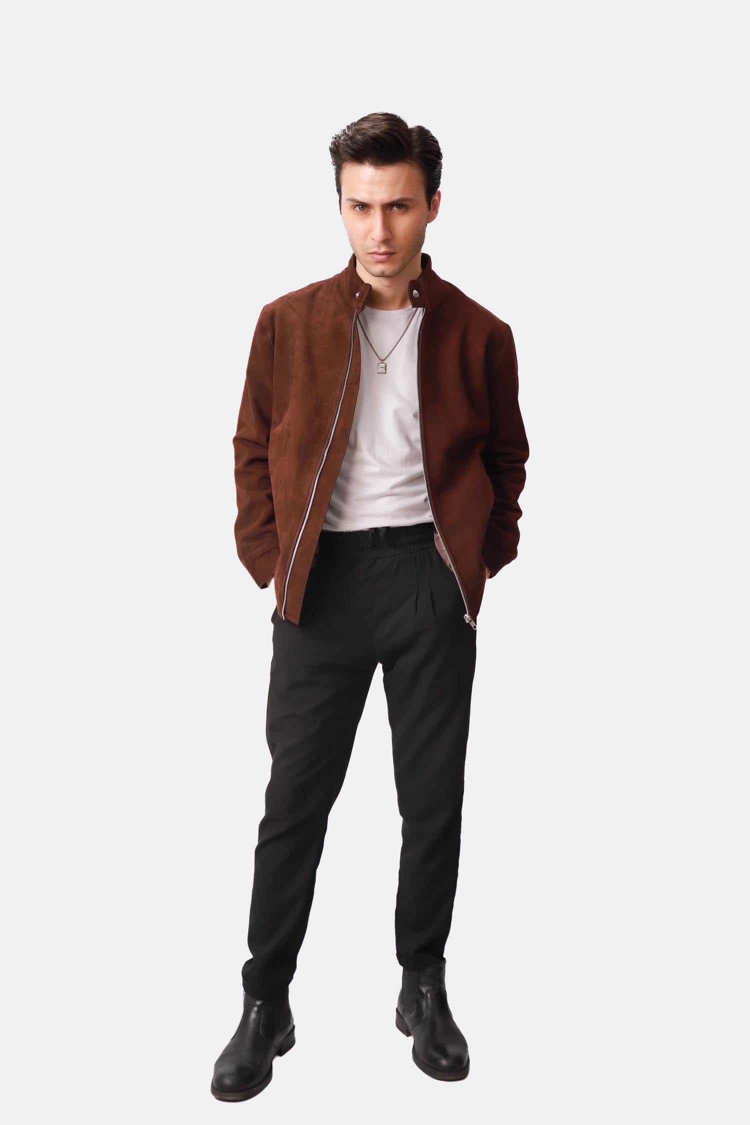Brown Suede Leather Bomber Jacket