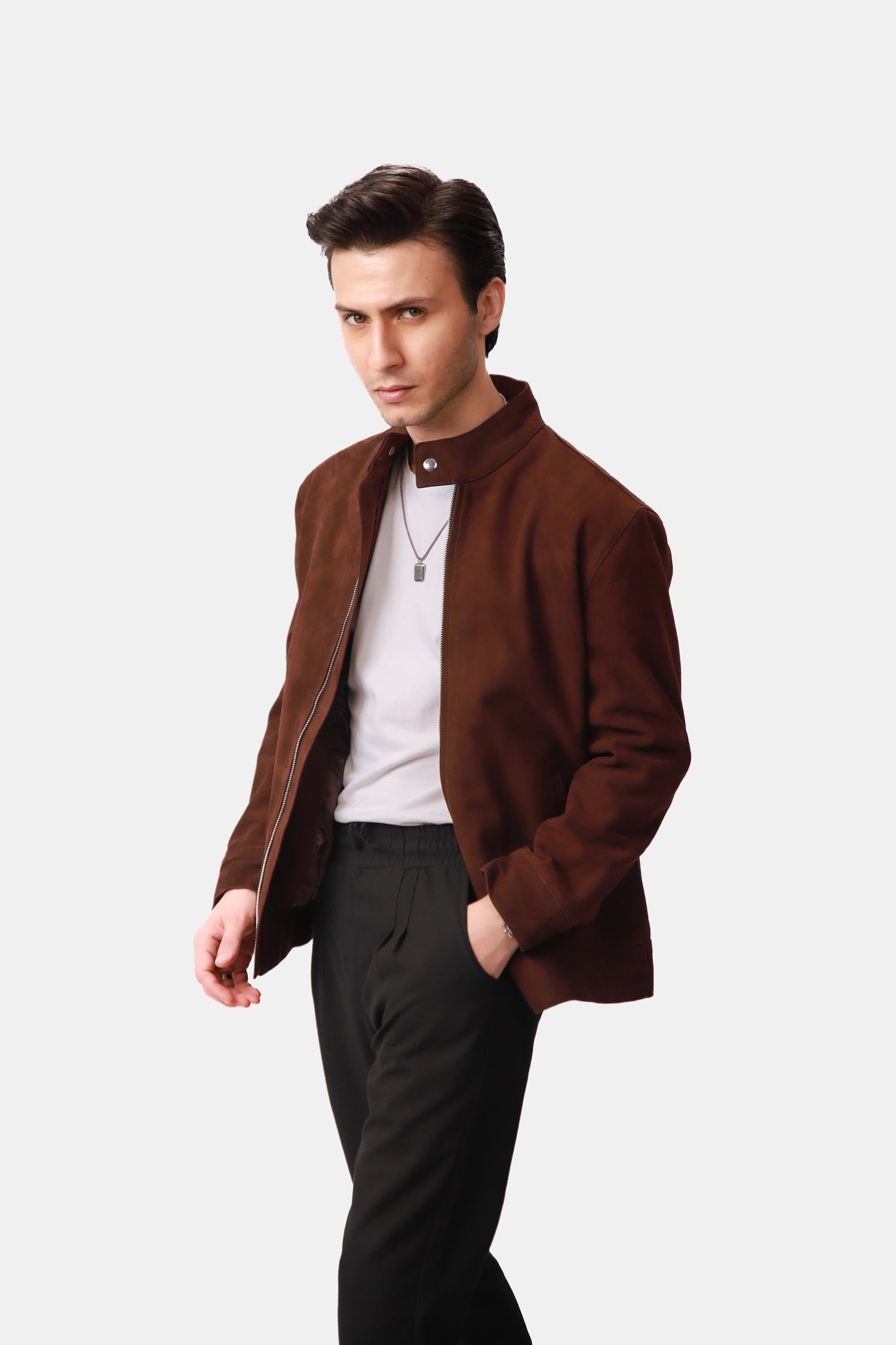 Nightvale Dark Brown Suede Leather Bomber Jacket For Men