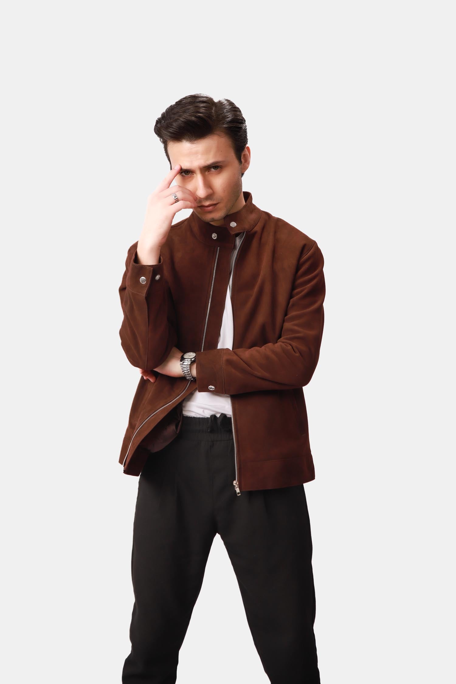 Nightvale Dark Brown Suede Leather Bomber Jacket For Men