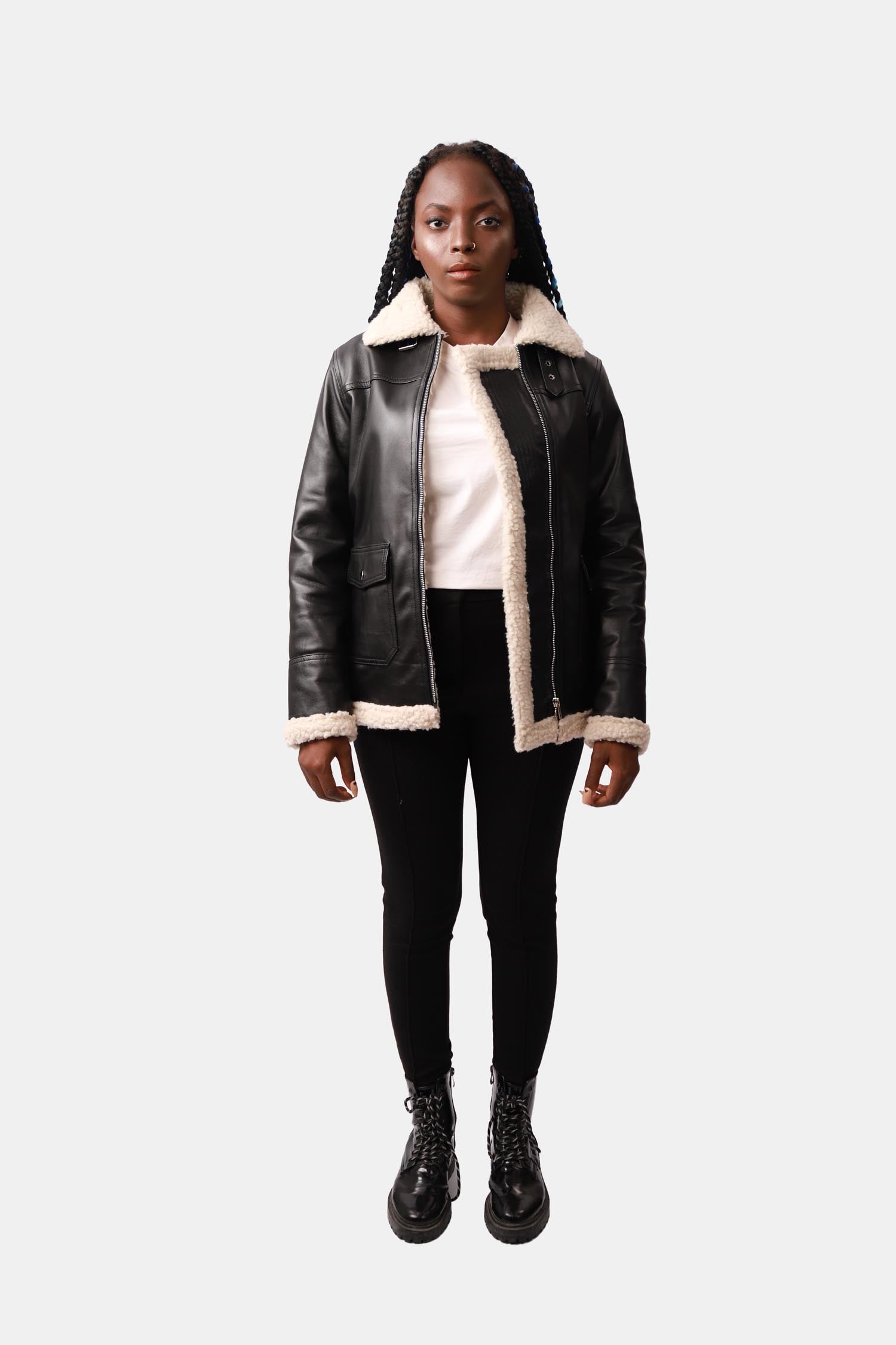 Onyx Black Shearling B3 Bomber Leather Jacket For Women