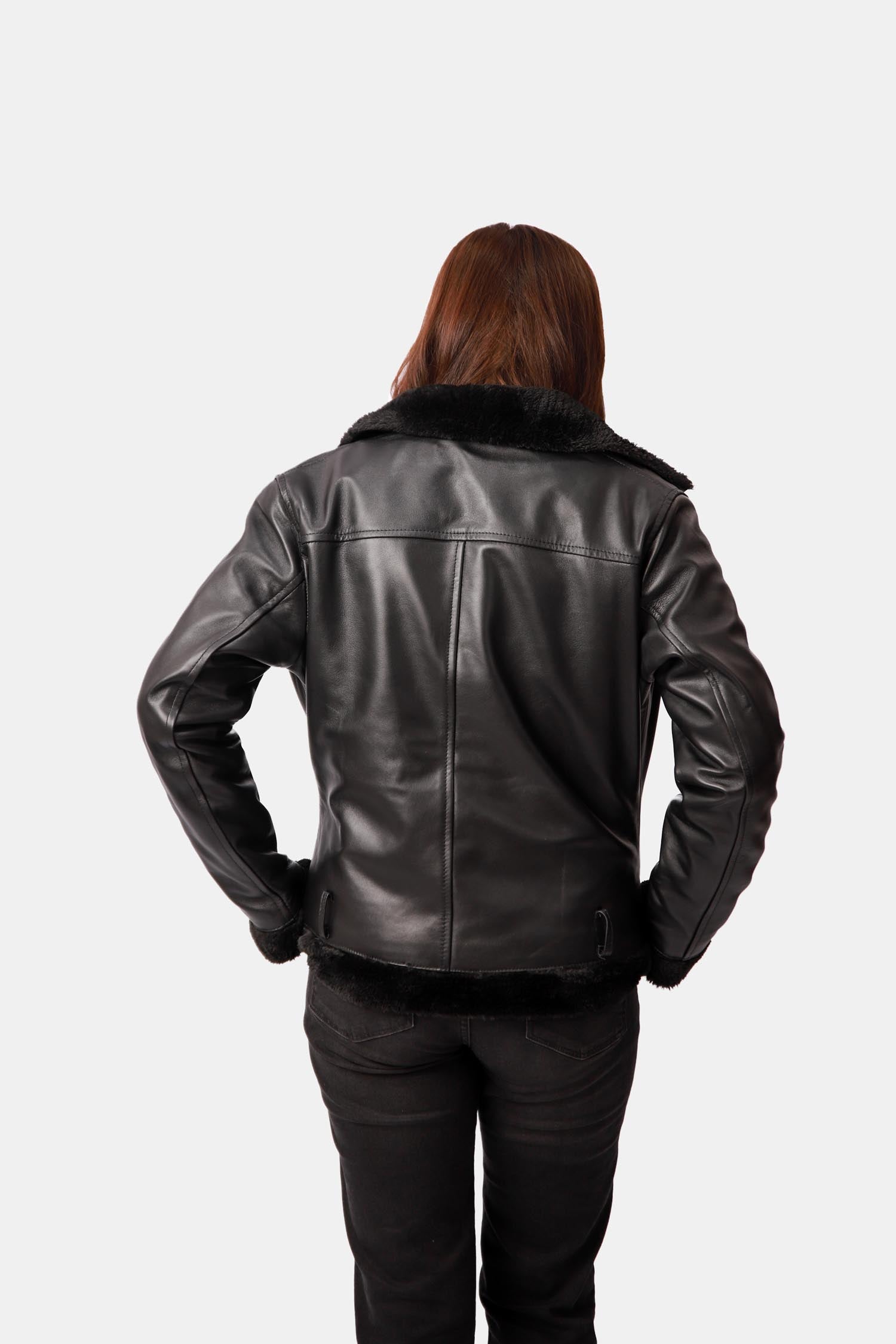 Outlaw Shearling Black Leather Biker Jacket For Women