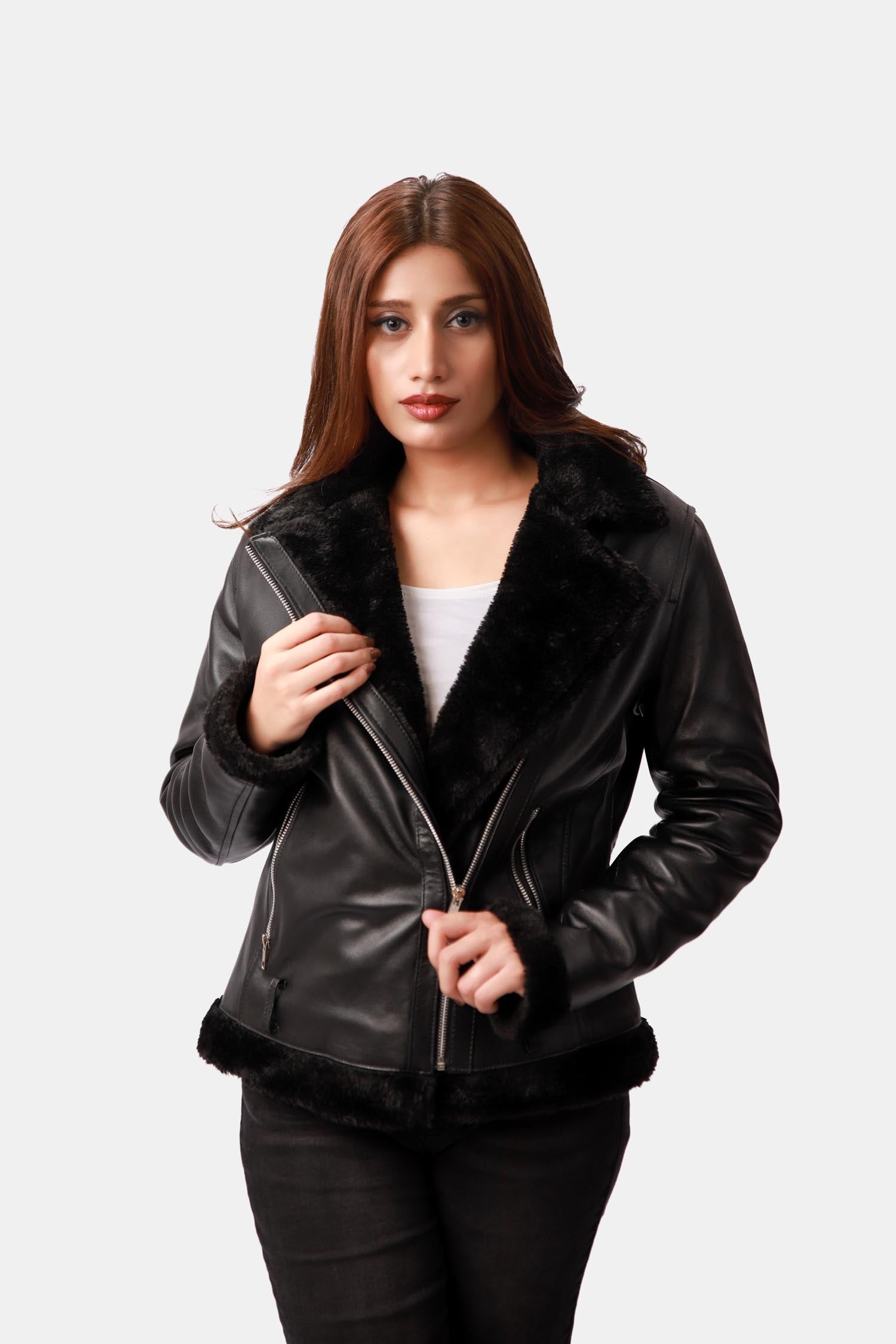 Outlaw Shearling Black Leather Biker Jacket For Women