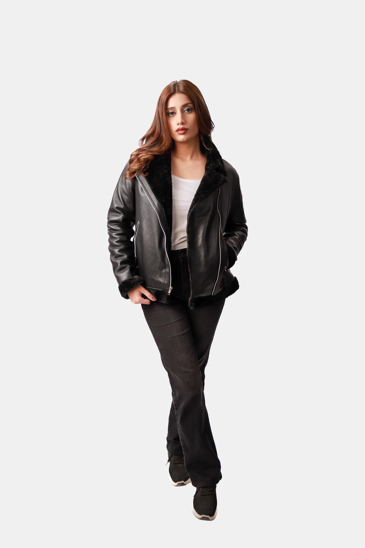 Outlaw Shearling Black Leather Biker Jacket For Women