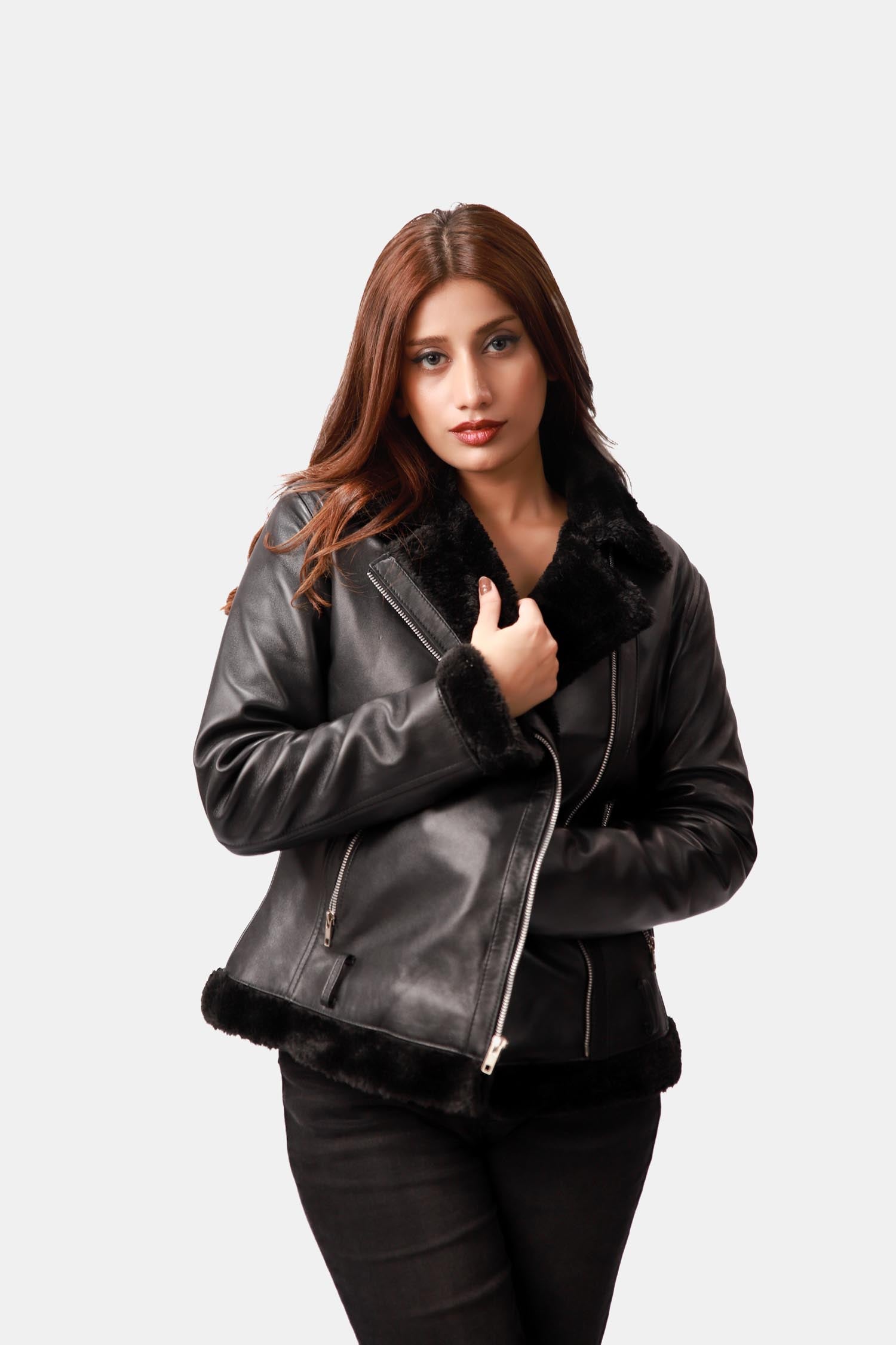 Outlaw Shearling Black Leather Biker Jacket For Women