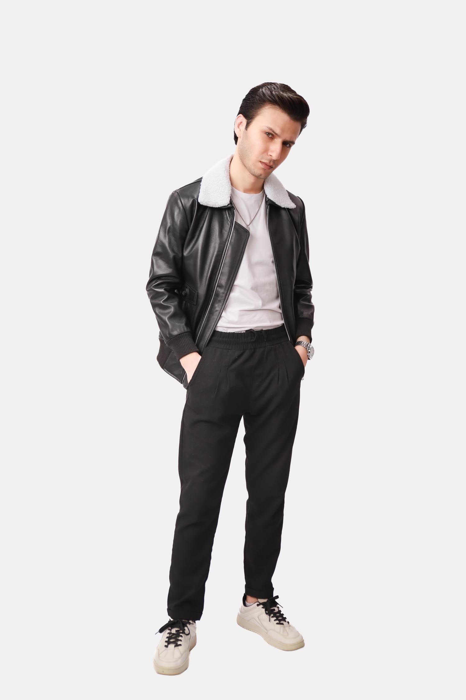 Outrider Black Leather Shearling Bomber Jacket For Men