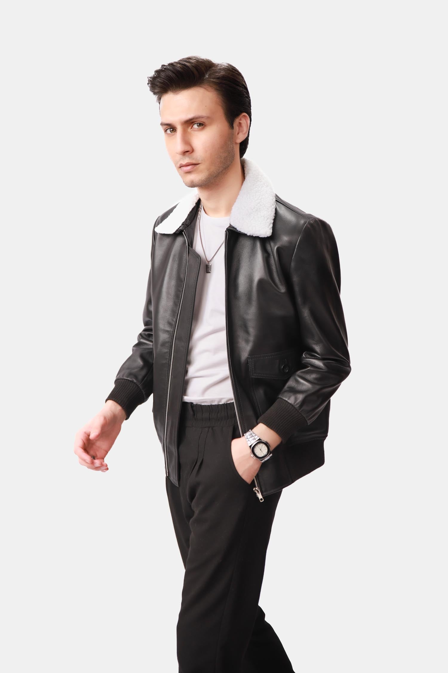 Outrider Black Leather Shearling Bomber Jacket For Men