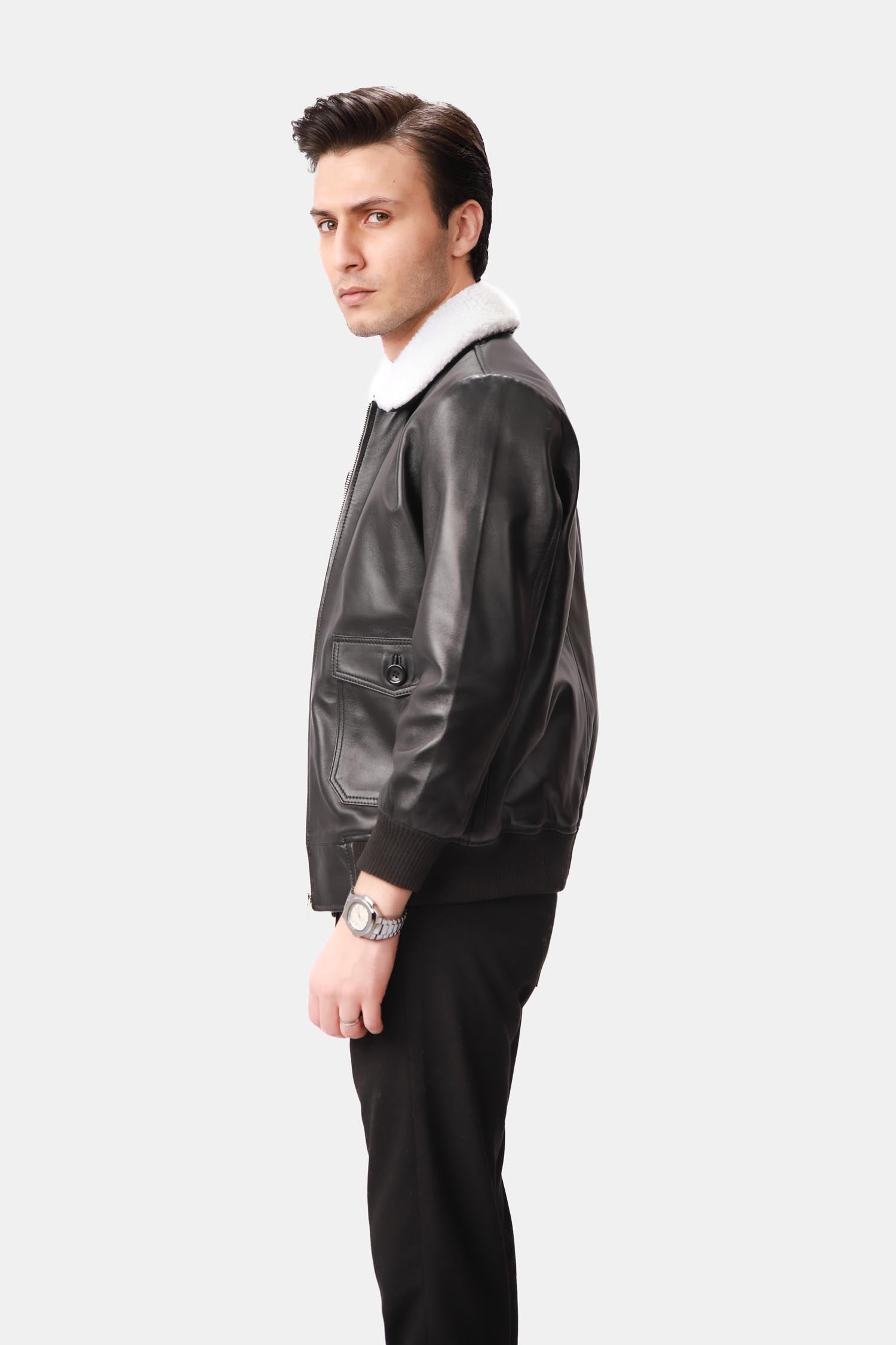 Black Leather-Shearling Bomber Jacket