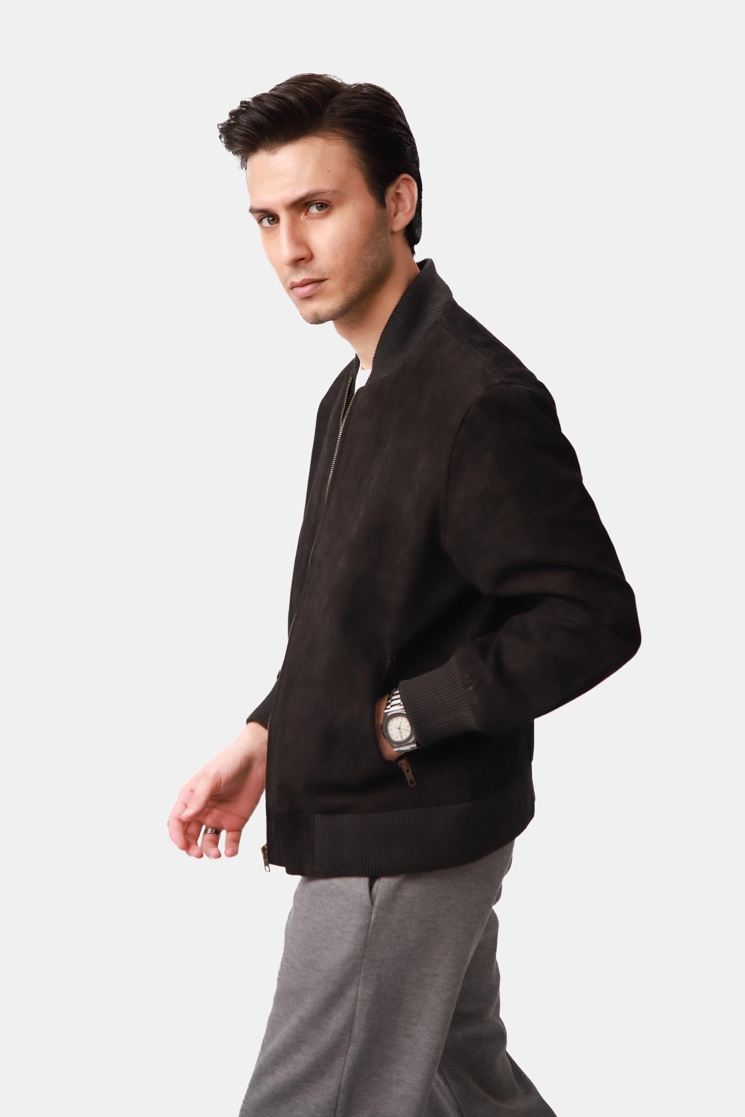 Panther Black Suede Leather Bomber Jacket For Men