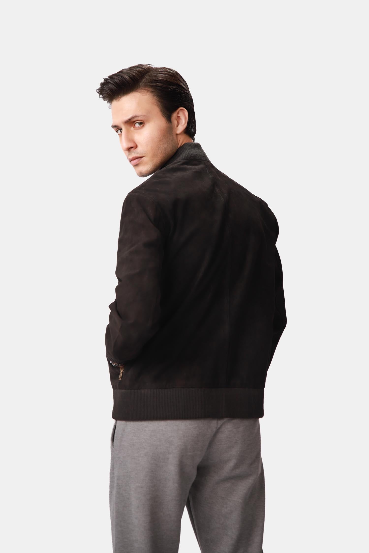 Black Suede Leather Bomber Jacket