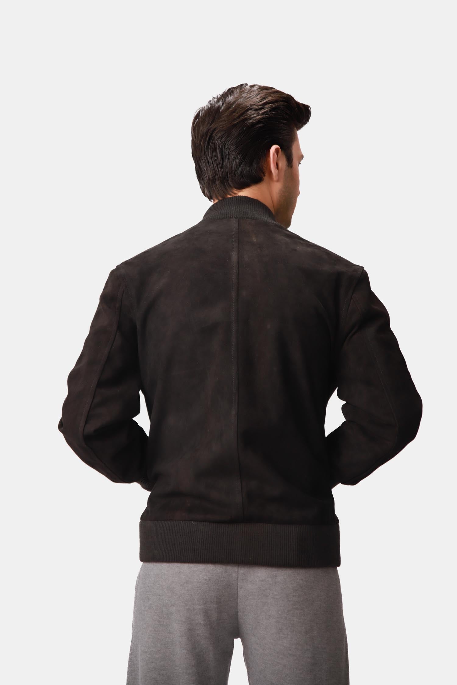 Black Suede Leather Bomber Jacket