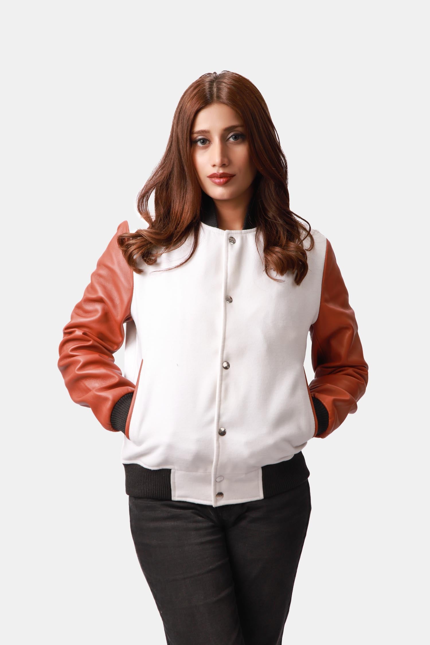 Patronum White & Sienna Brown Leather Varsity Jacket For Women