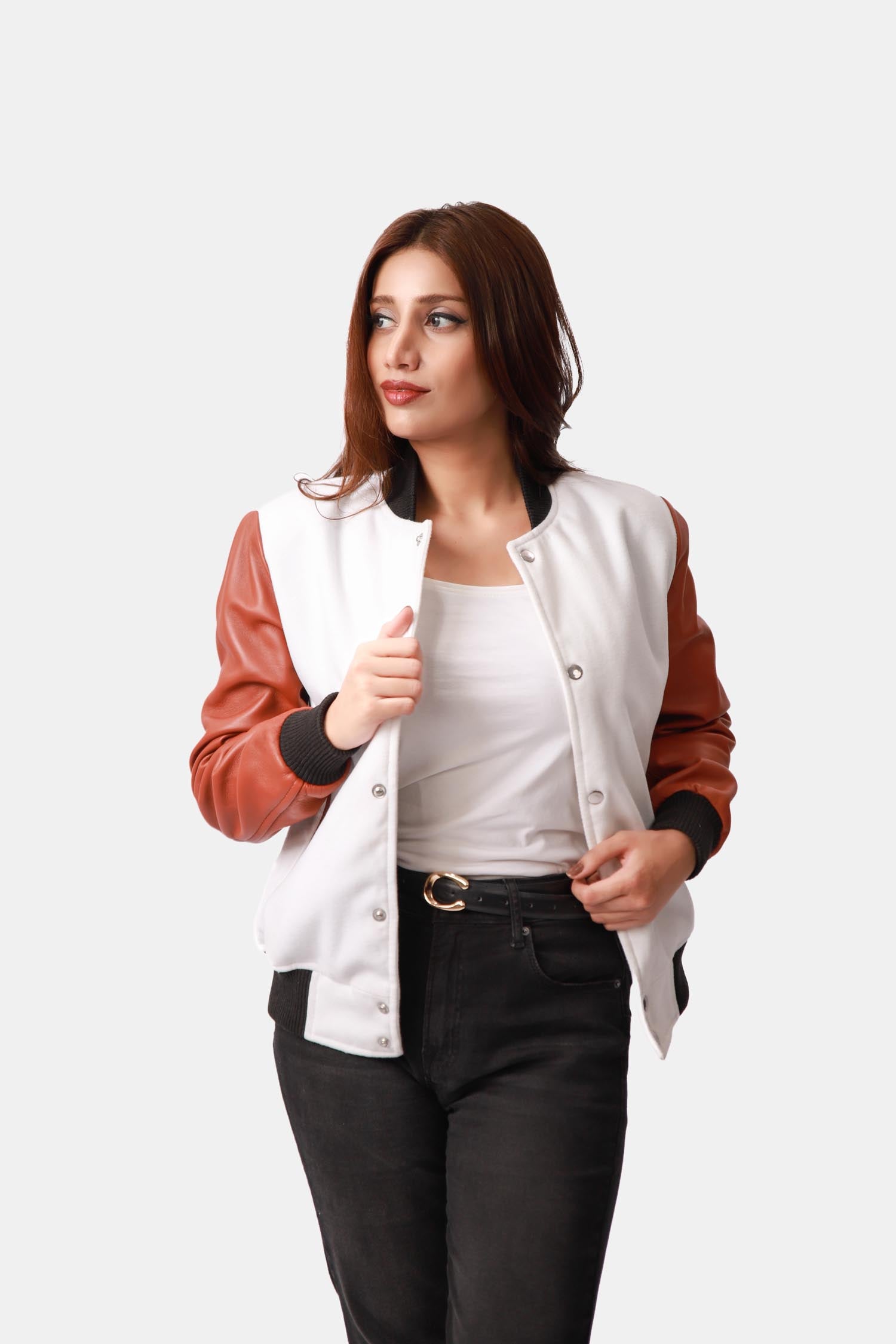 Patronum White & Sienna Brown Leather Varsity Jacket For Women