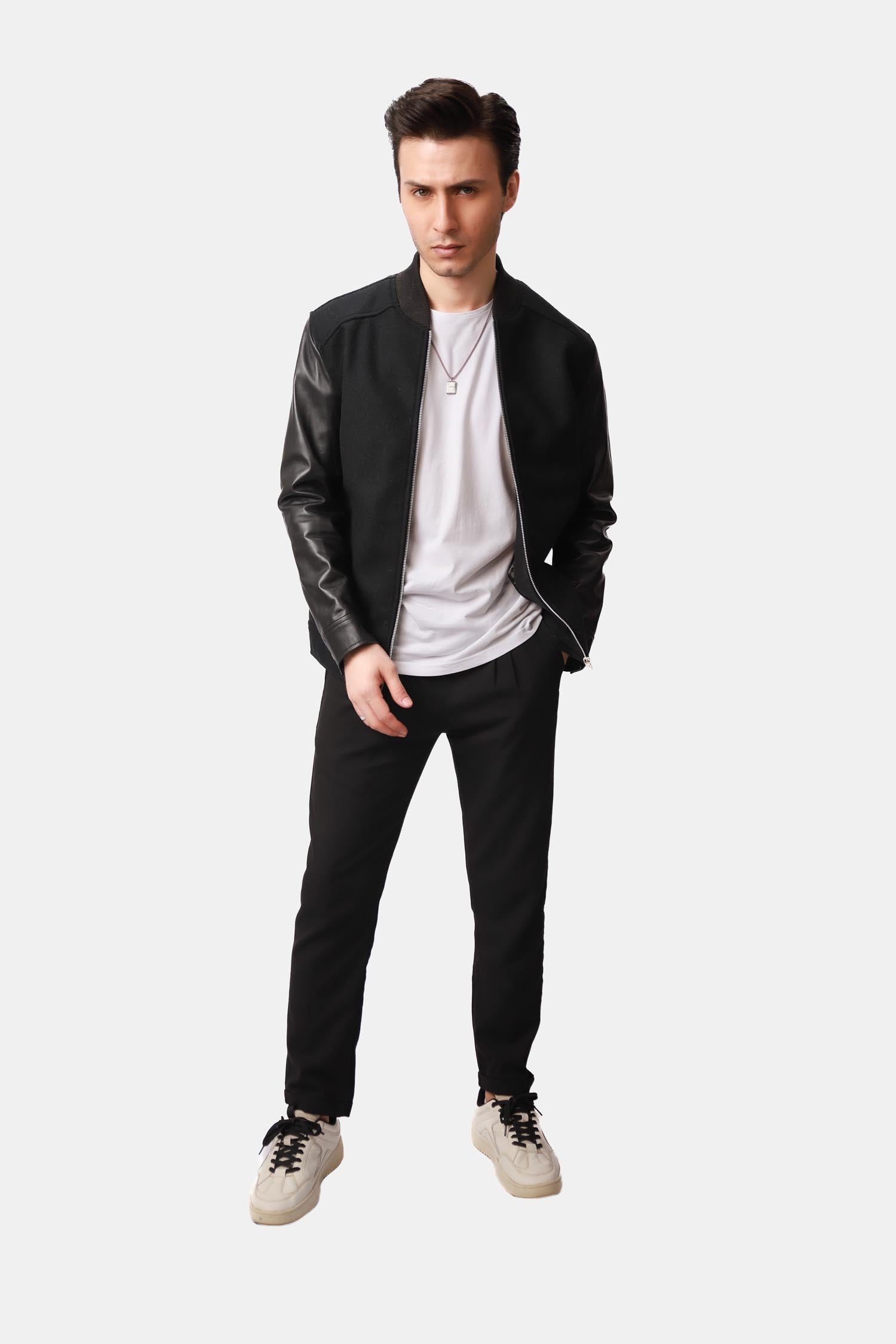 Pistol Black Wool Leather Bomber Jacket For Men