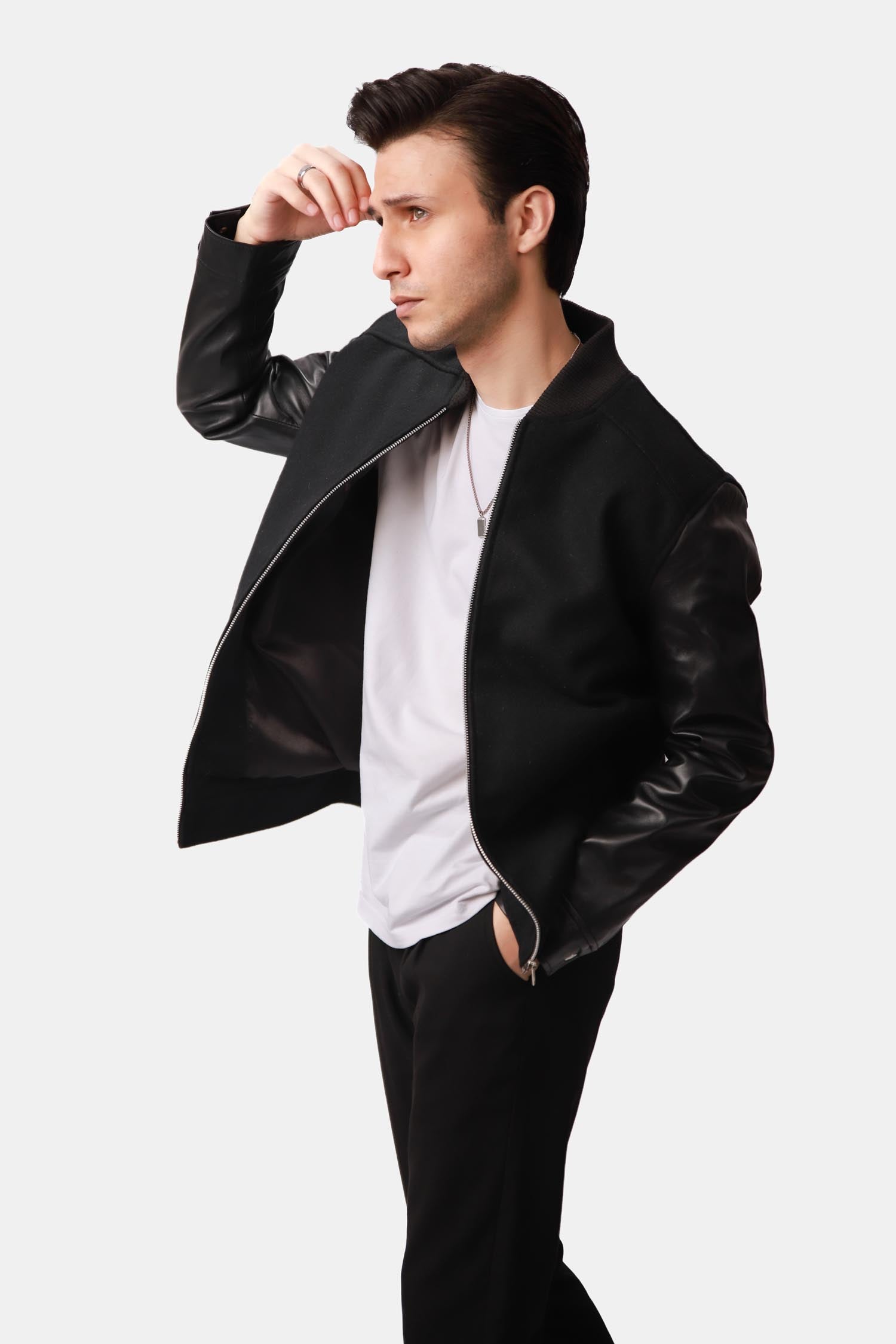 Black Wool Leather Bomber Jacket
