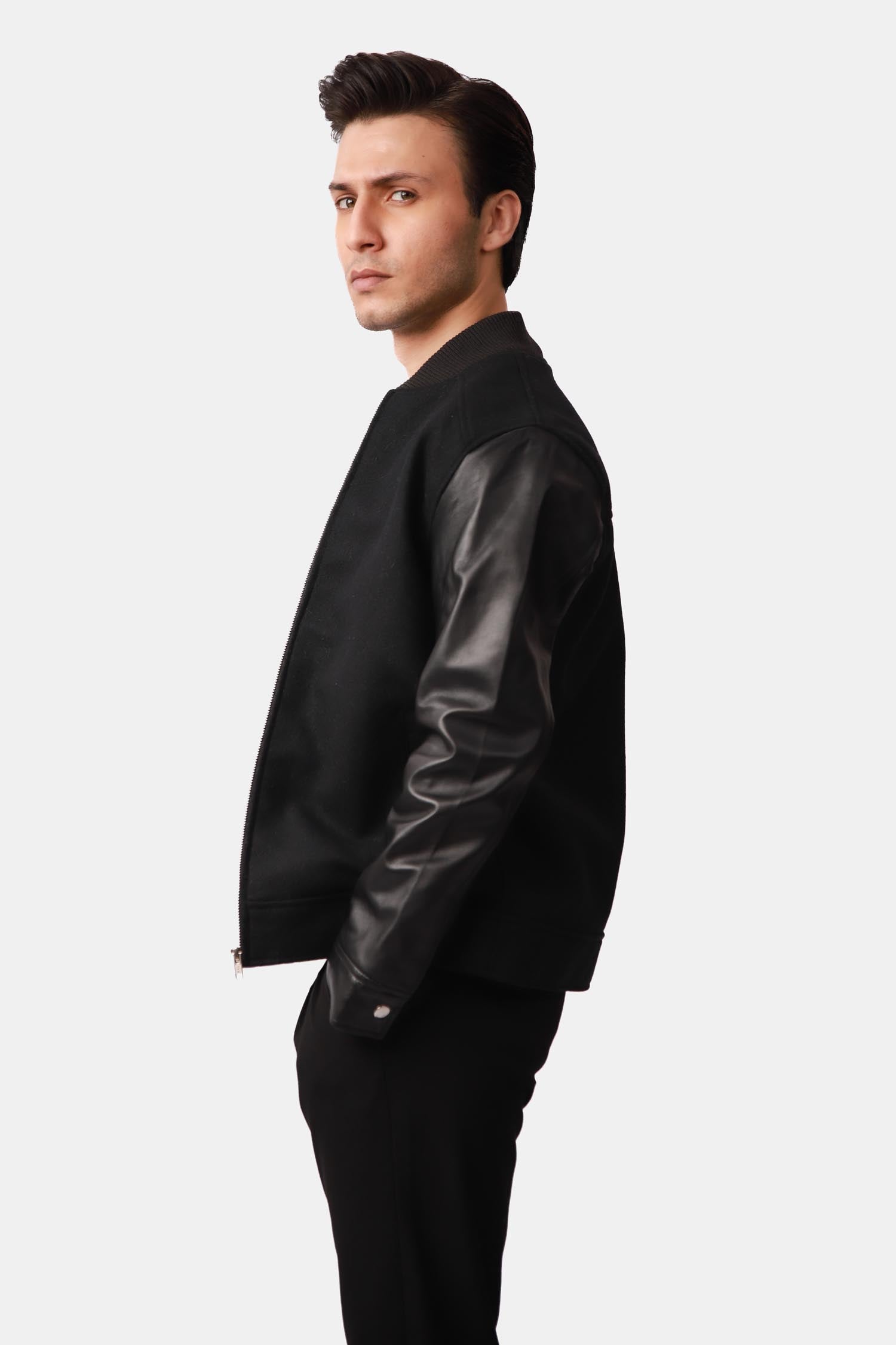 Black Wool Leather Bomber Jacket