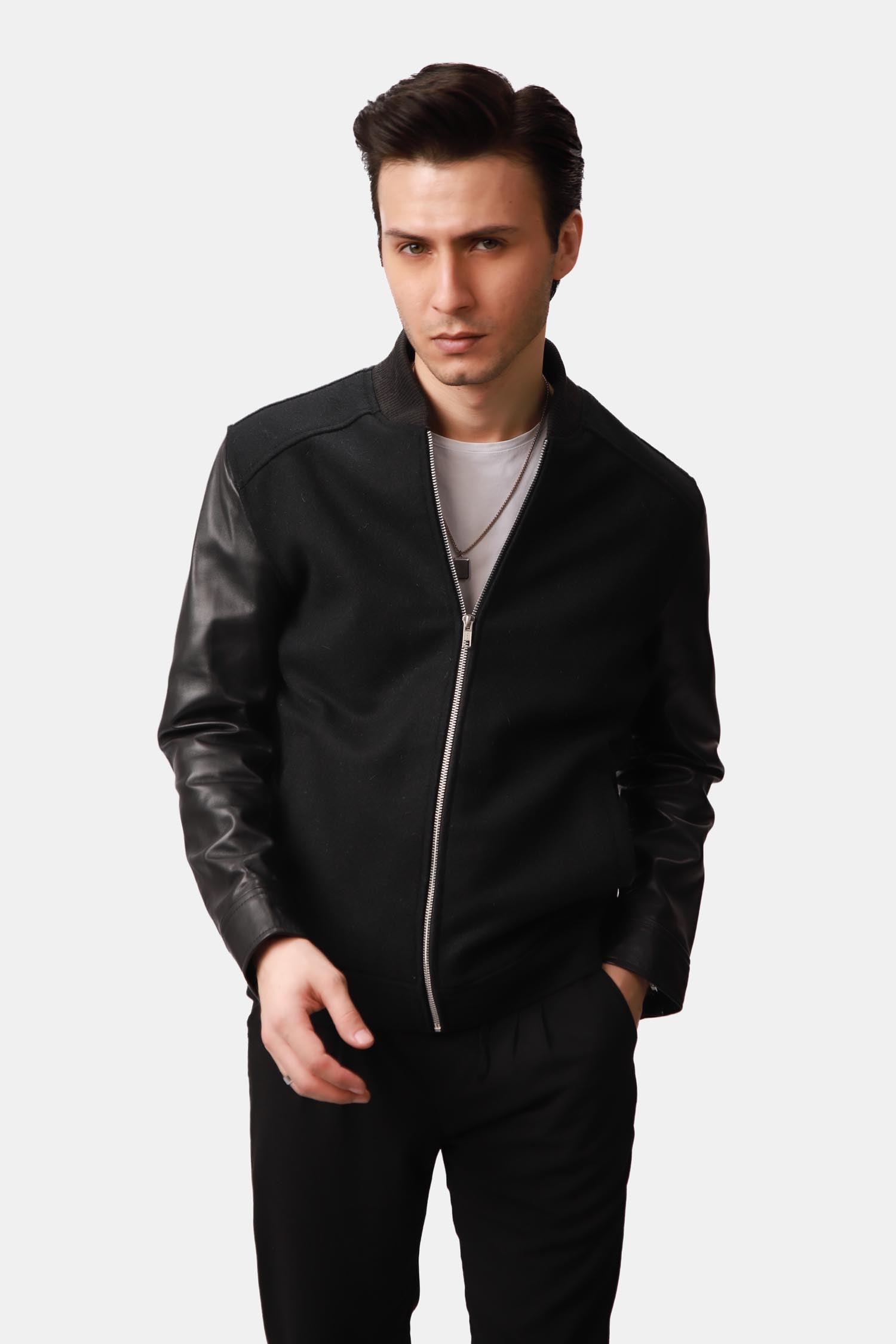 Pistol Black Wool Leather Bomber Jacket For Men