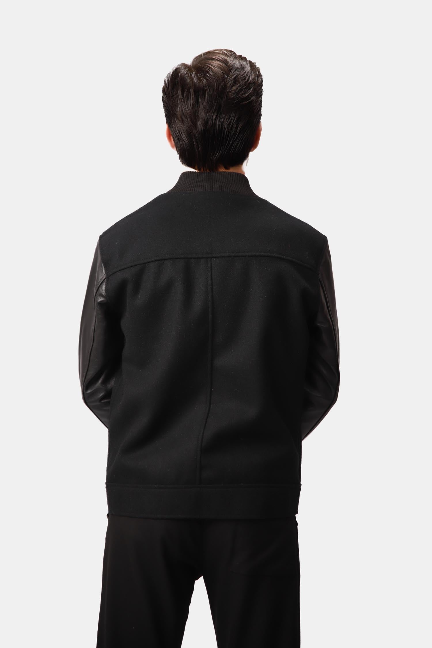 Black Wool Leather Bomber Jacket