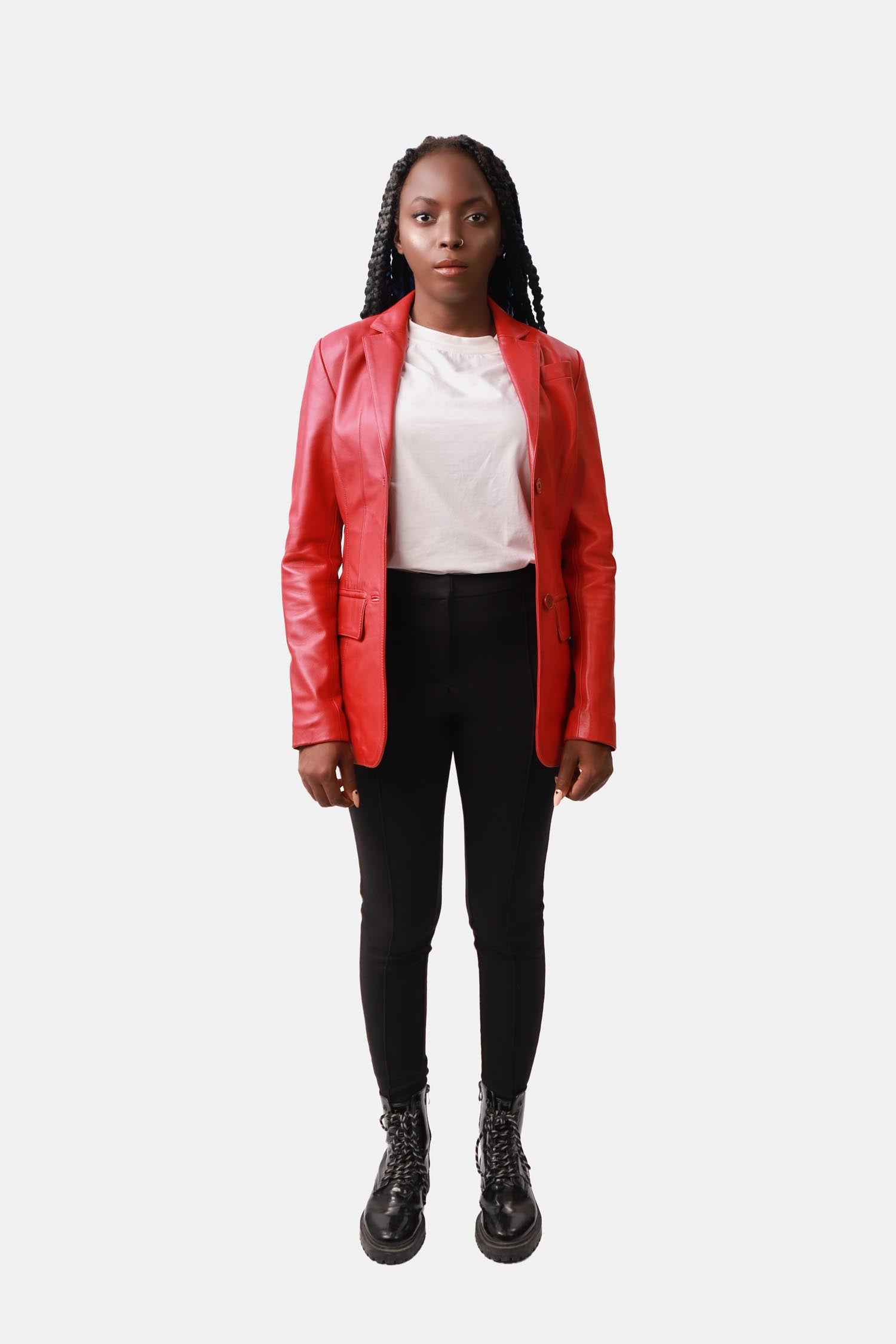 Quinn Scarlet Red Leather Blazer For Women