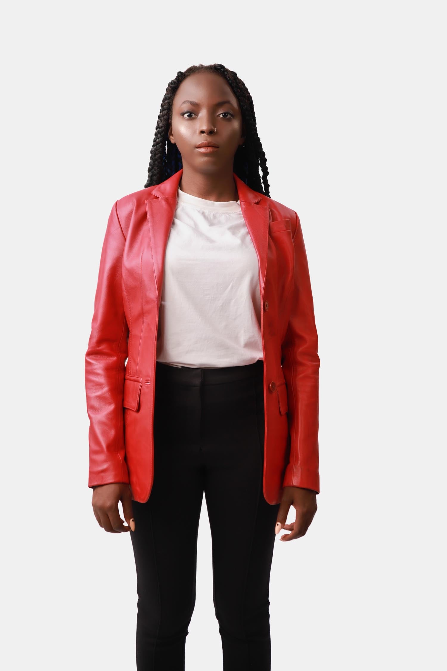 Quinn Scarlet Red Leather Blazer For Women