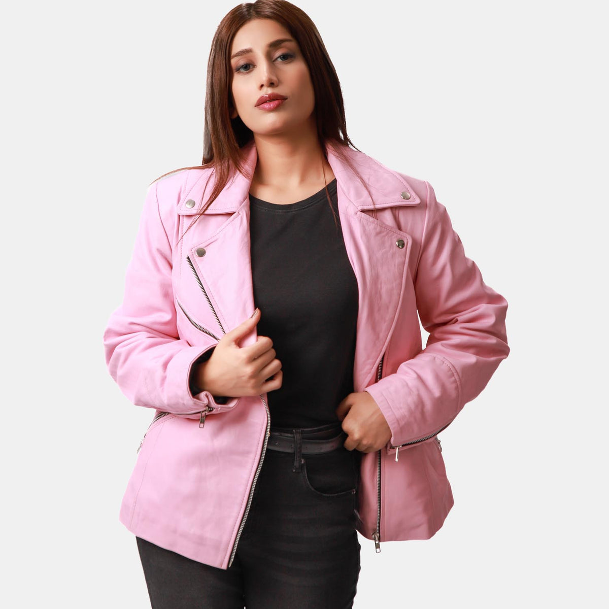 Pink Motorcycle Leather Jacket For Women - Women's Notched Lapel Leather Jacket - Sheepskin Motorcycle Jacket For Her