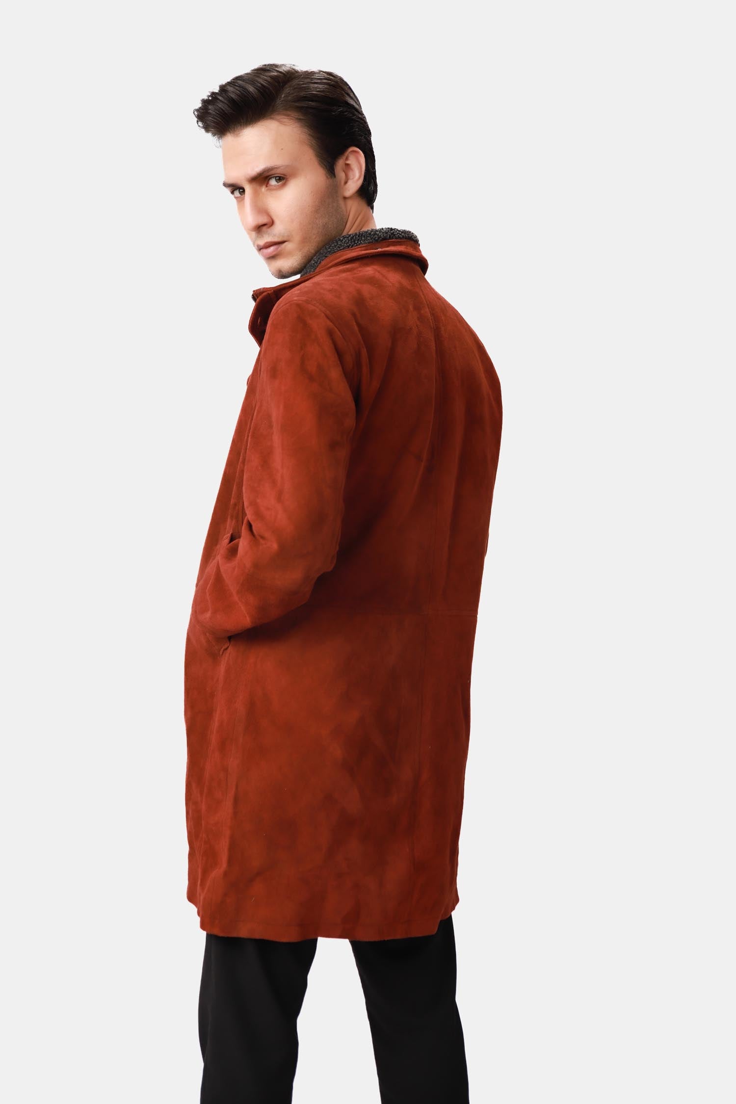Royal Rust Brown Suede Leather Car Coat For Men