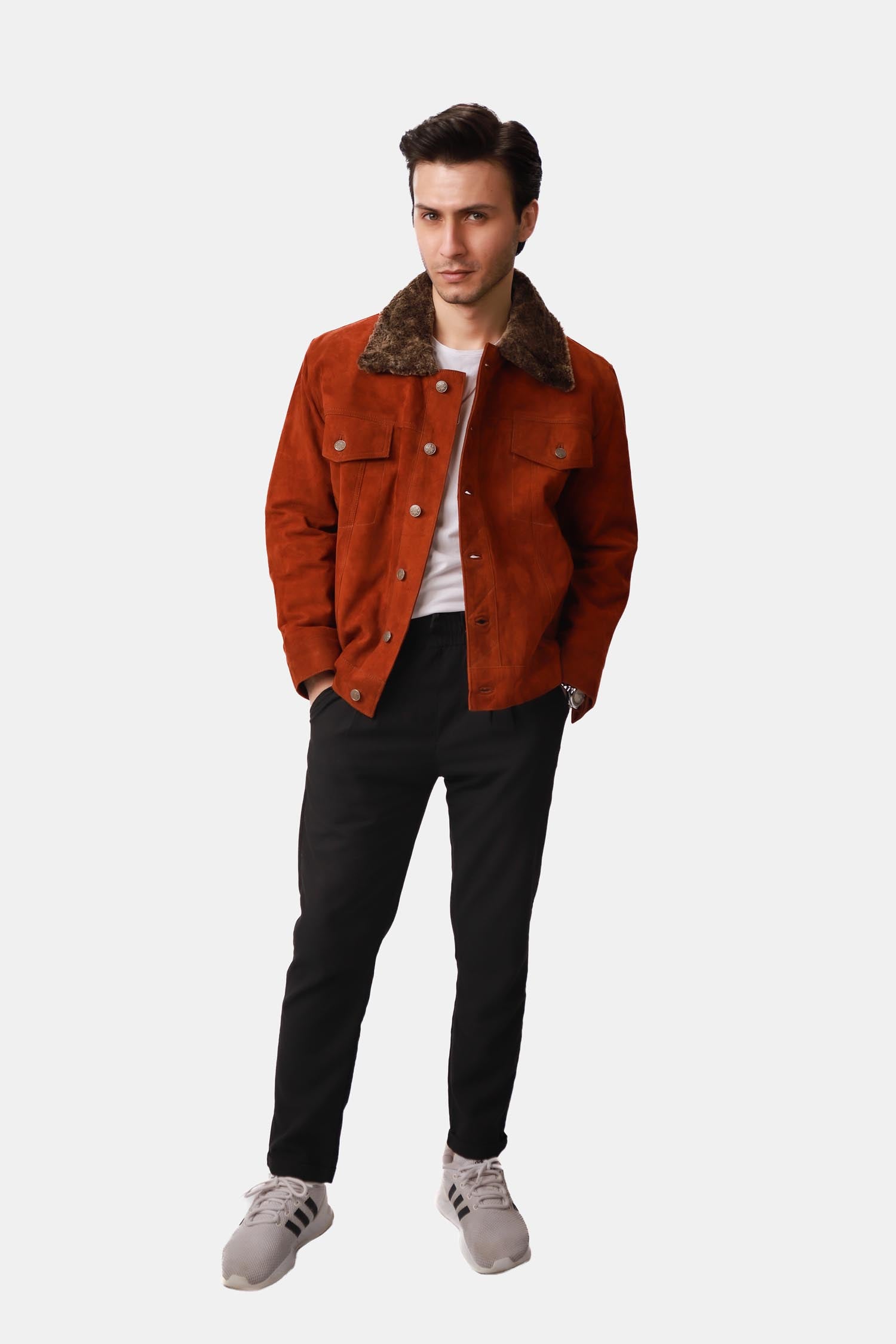 Satanic Ginger Orange Shearling Suede Leather Trucker Jacket