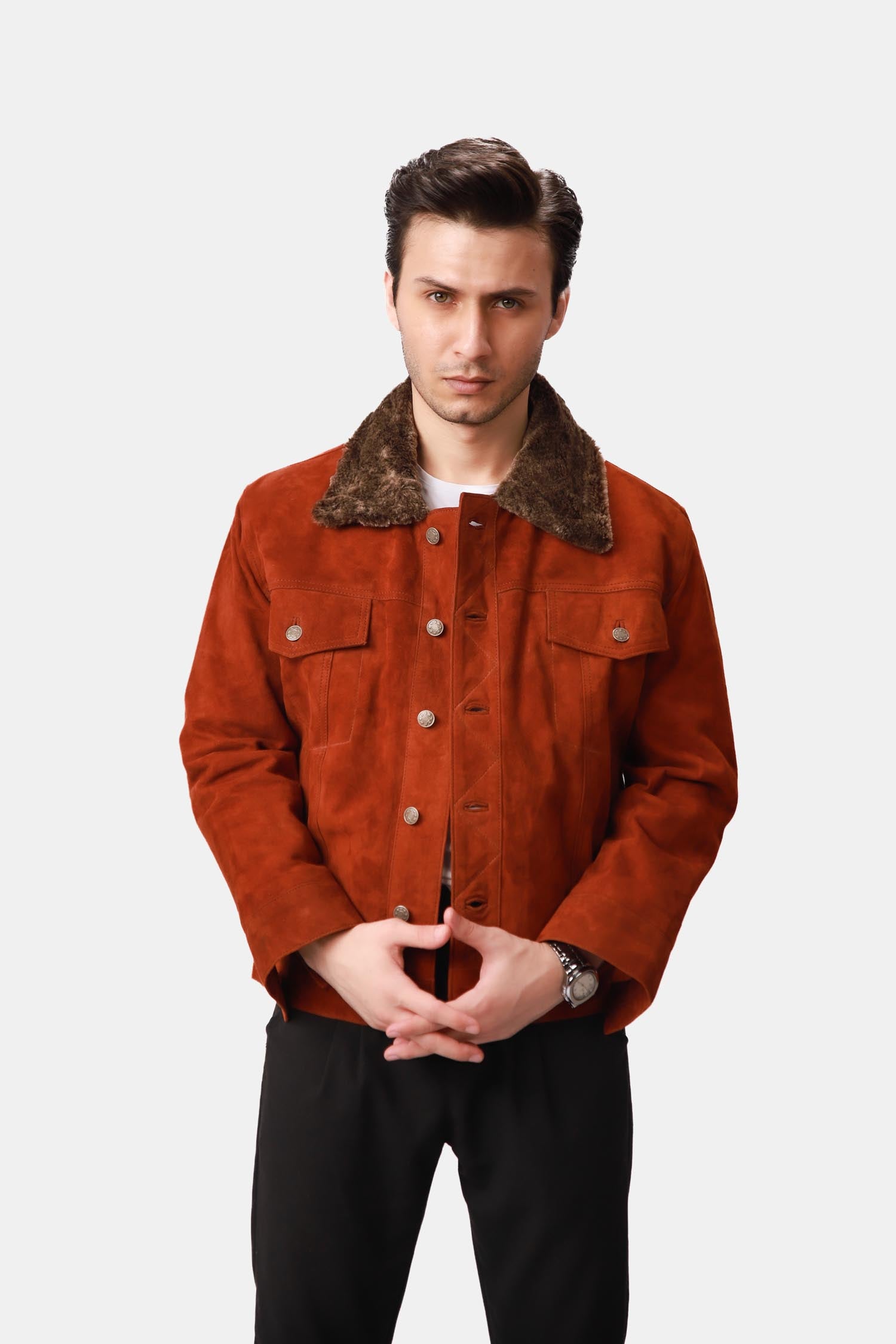 Satanic Ginger Orange Shearling Suede Leather Trucker Jacket