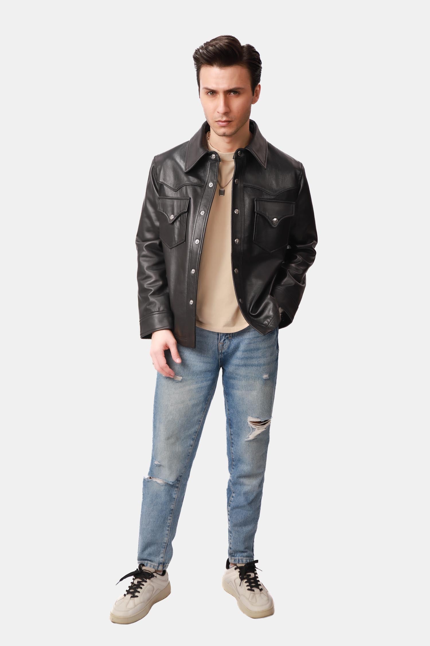 Slugger Matte Black Trucker Leather Jacket For Men