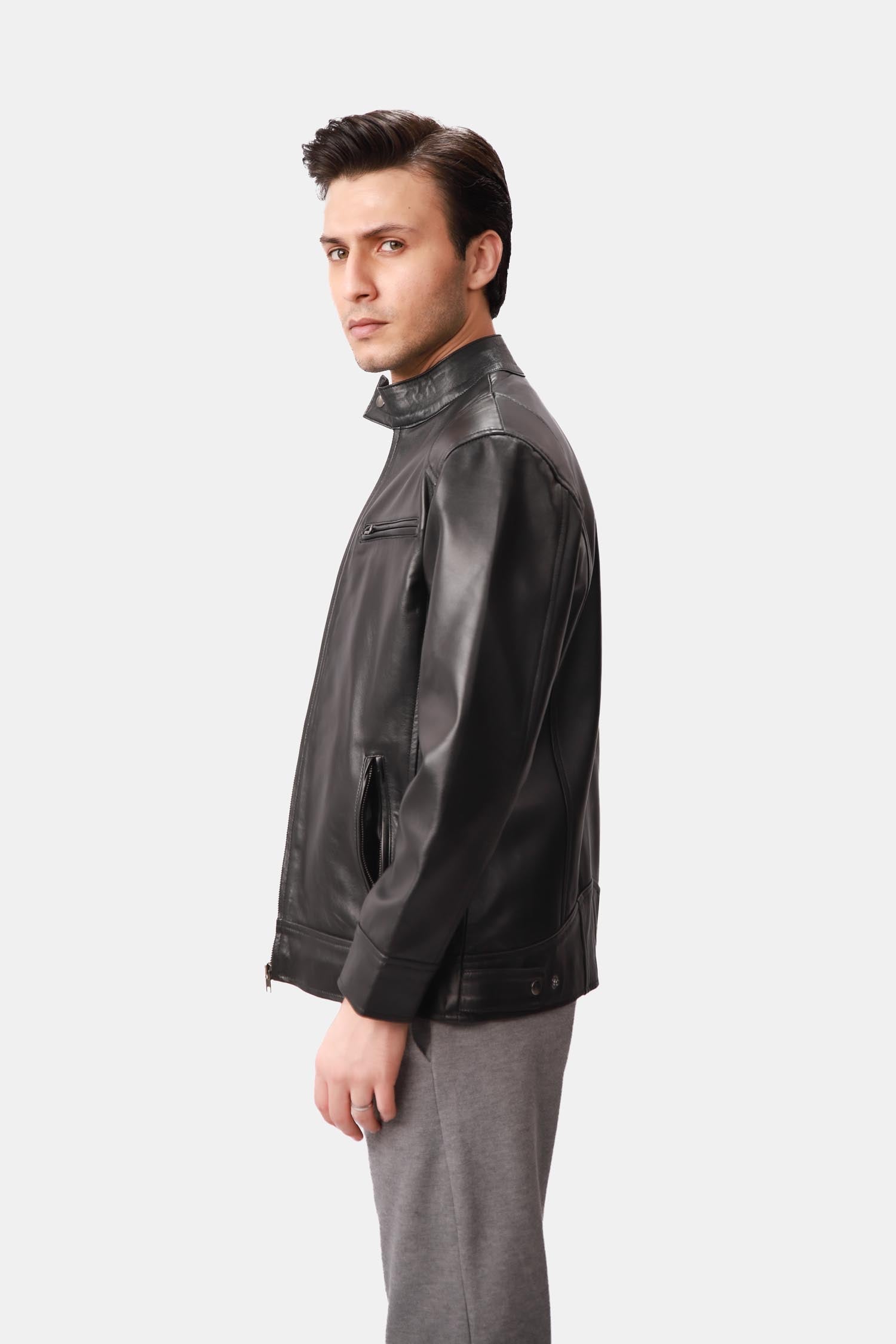 Black Cafe Racer Leather Jacket
