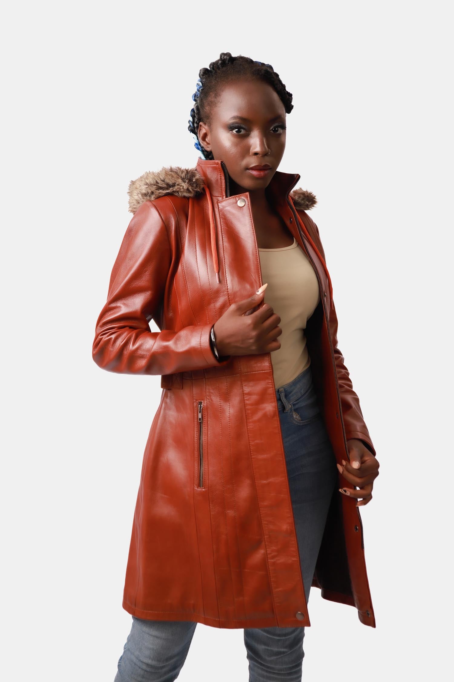 Sneakzy Brown Leather Parka With Shearling Hood For Women
