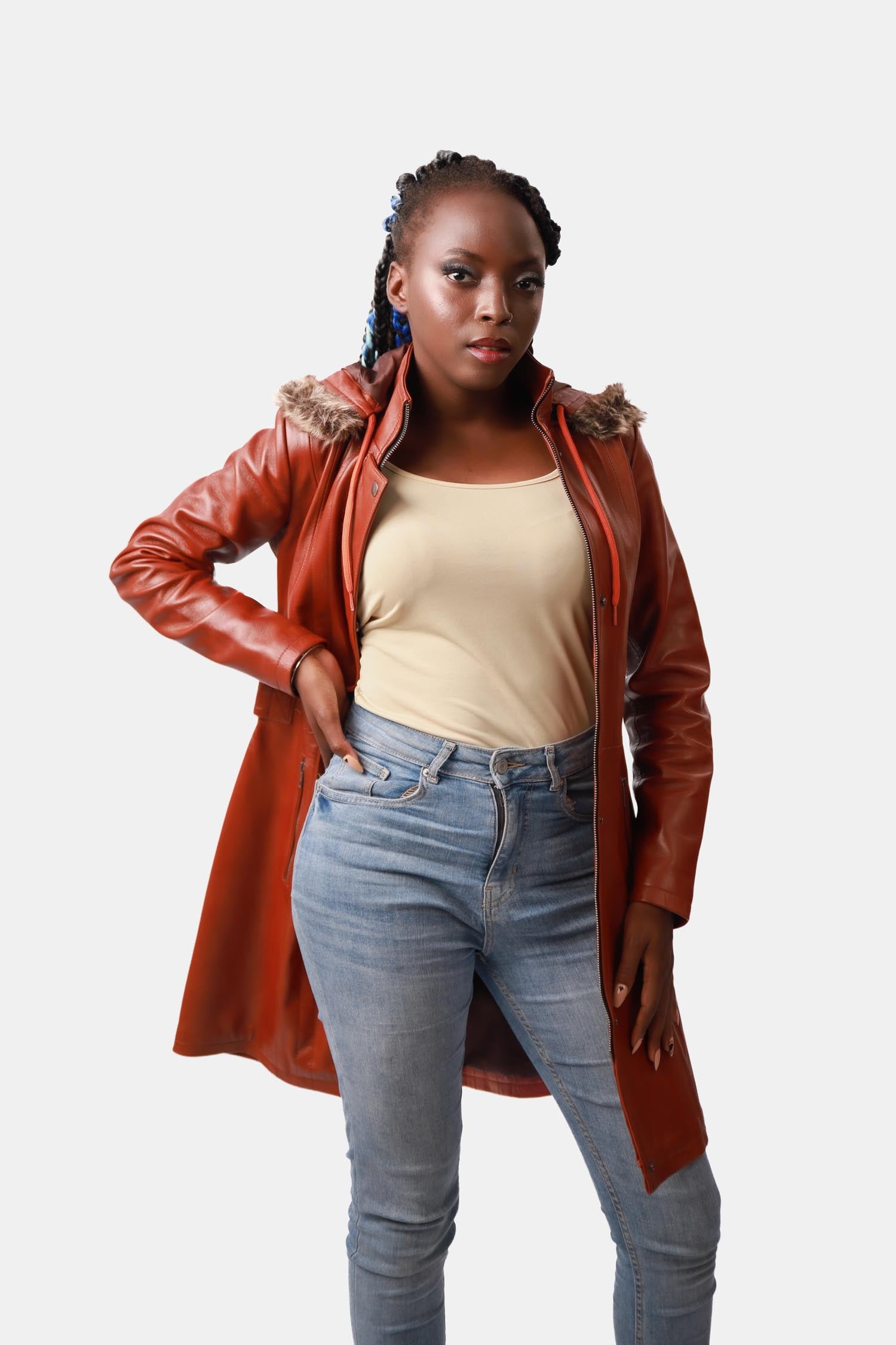 Brown Leather Parka With Hood