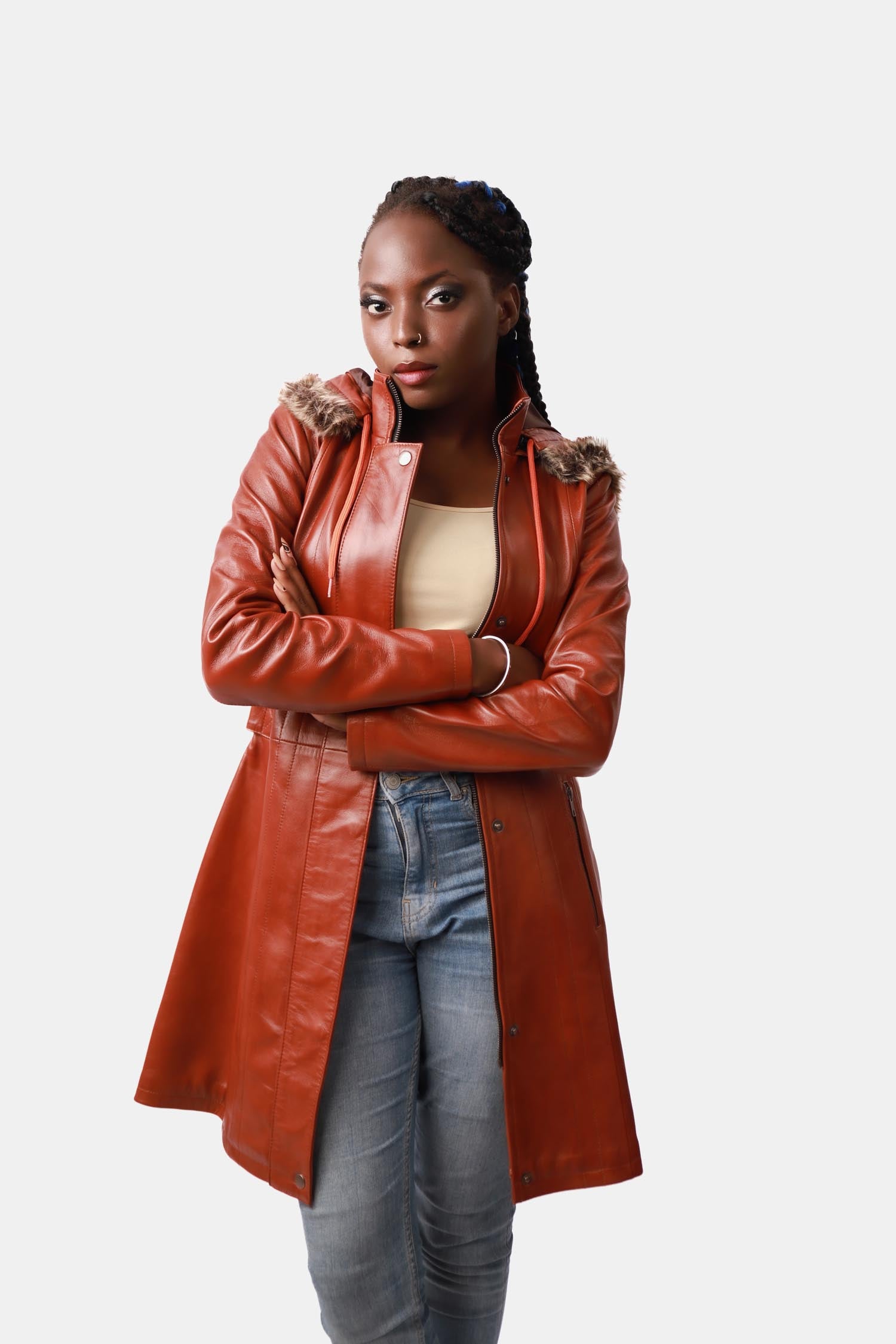 Sneakzy Brown Leather Parka With Shearling Hood For Women