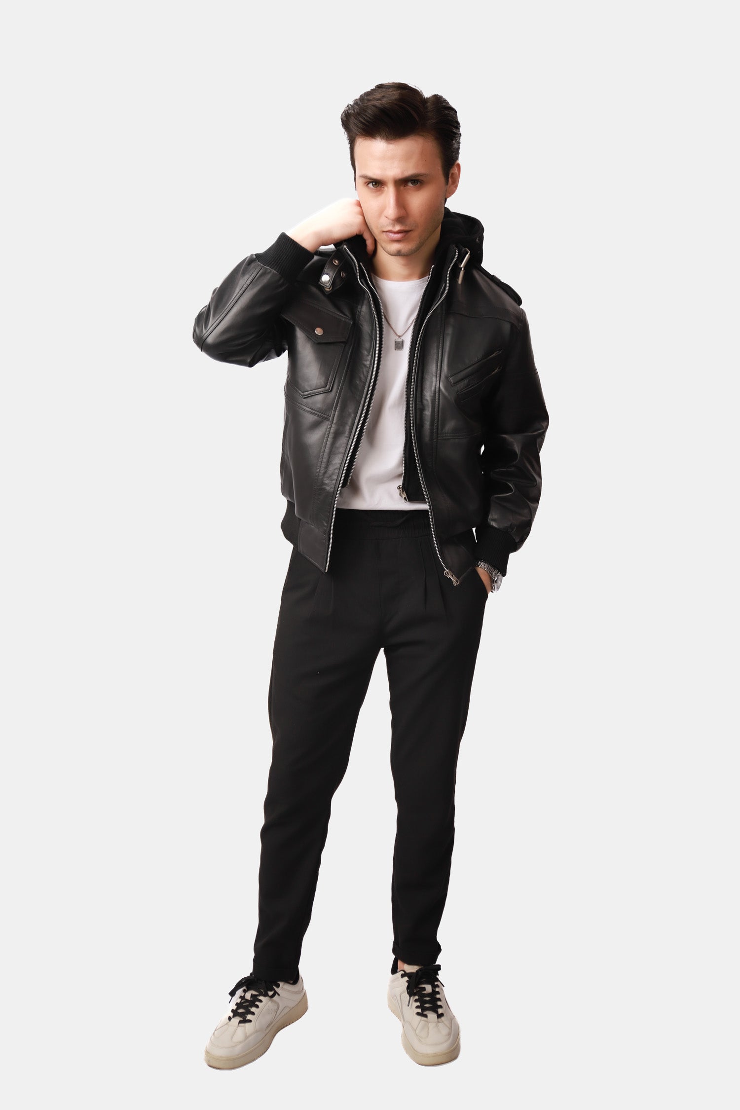 Mens Black Bomber Leather Jacket with Removable Hood