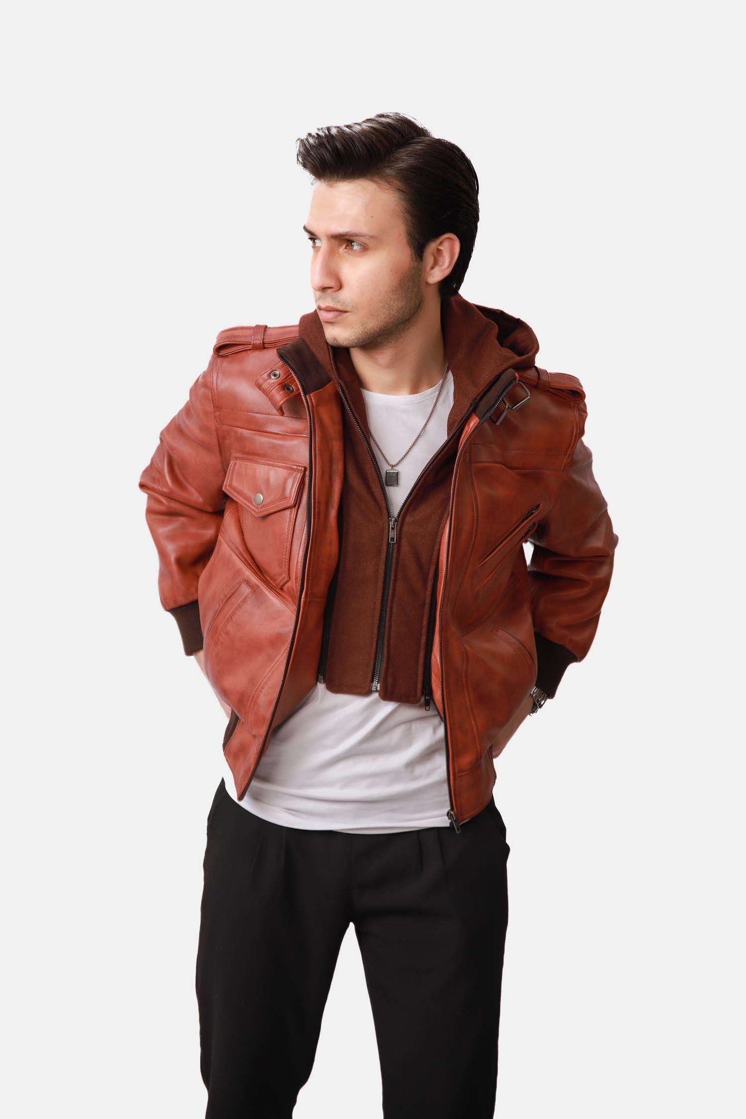 Spellcaster Brown Hooded Leather Bomber Jacket For Men