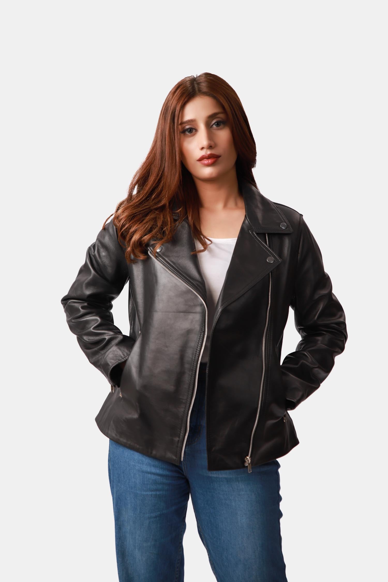 Starrer Black Leather Biker Jacket For Women