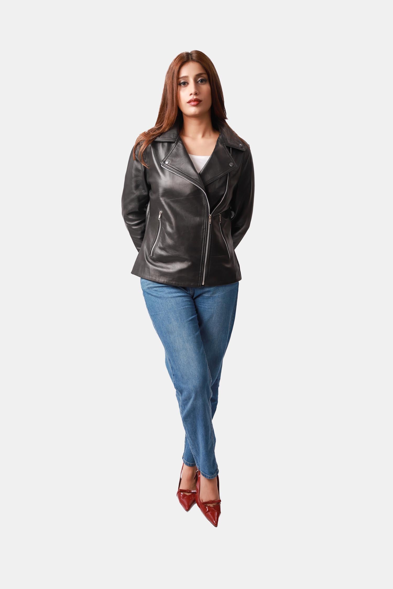 Starrer Black Leather Biker Jacket For Women