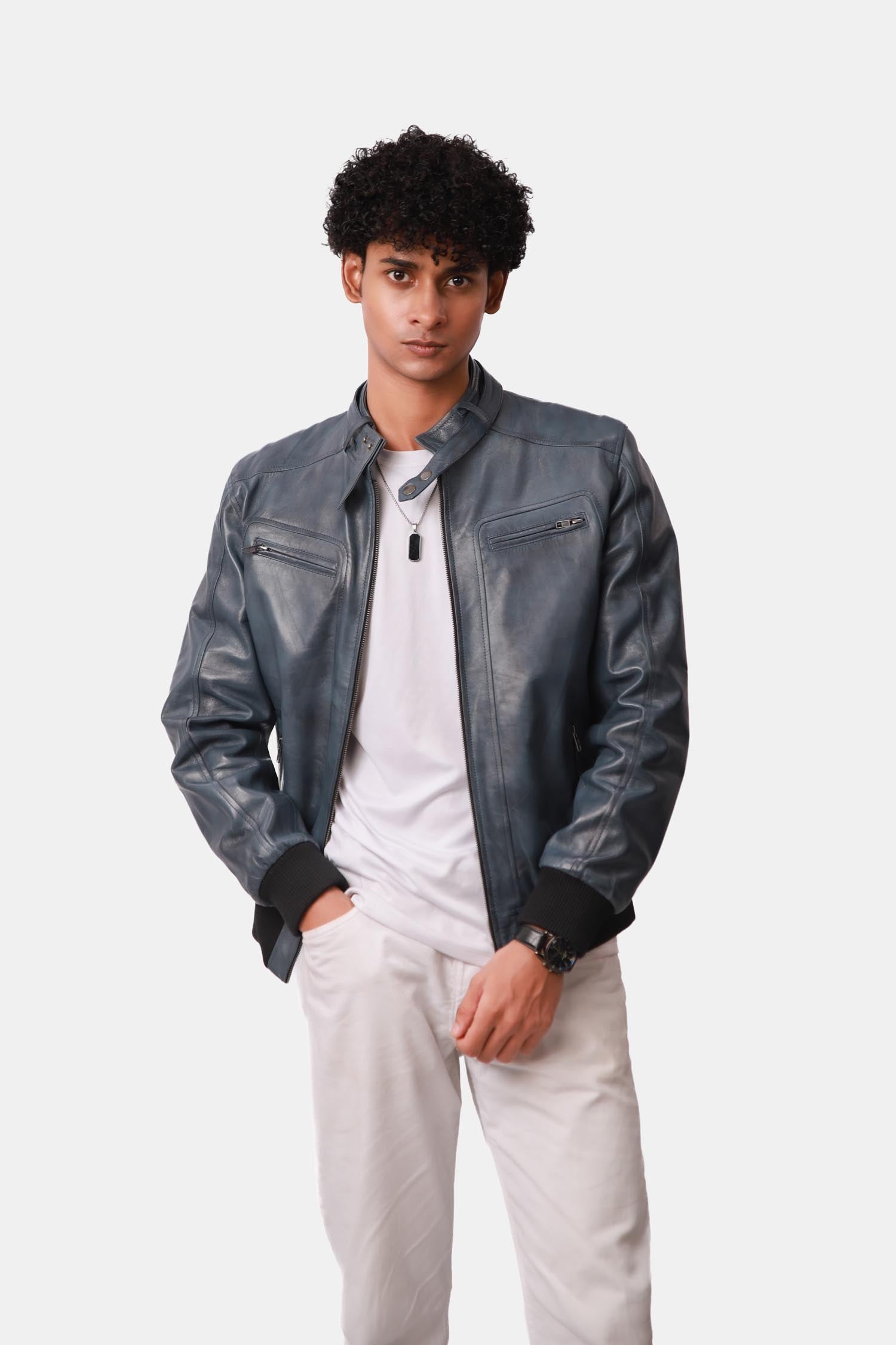 Static Blue Leather Bomber Style Jacket For Men