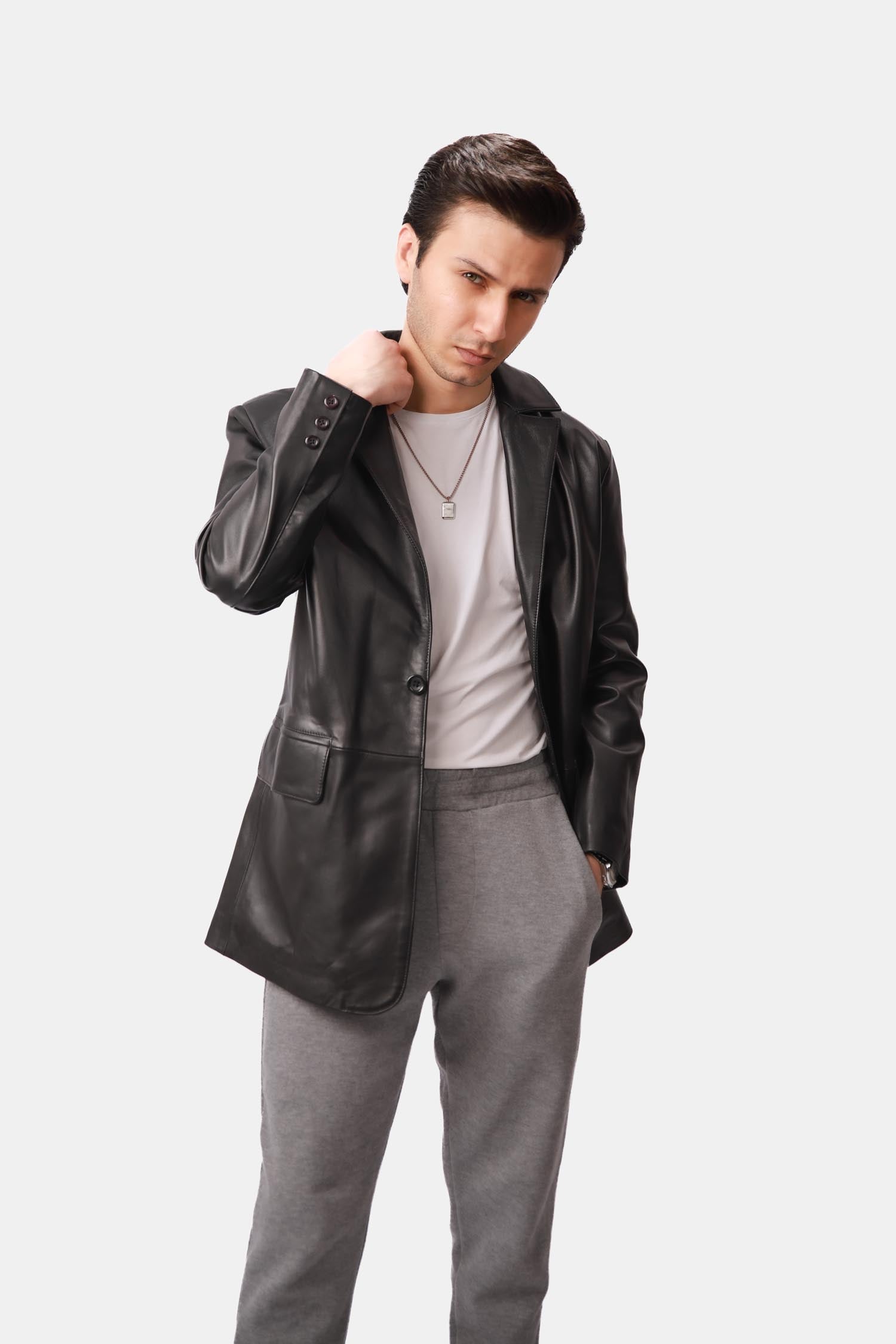 Steelwrath Black Matte Finish Leather Blazer For Men