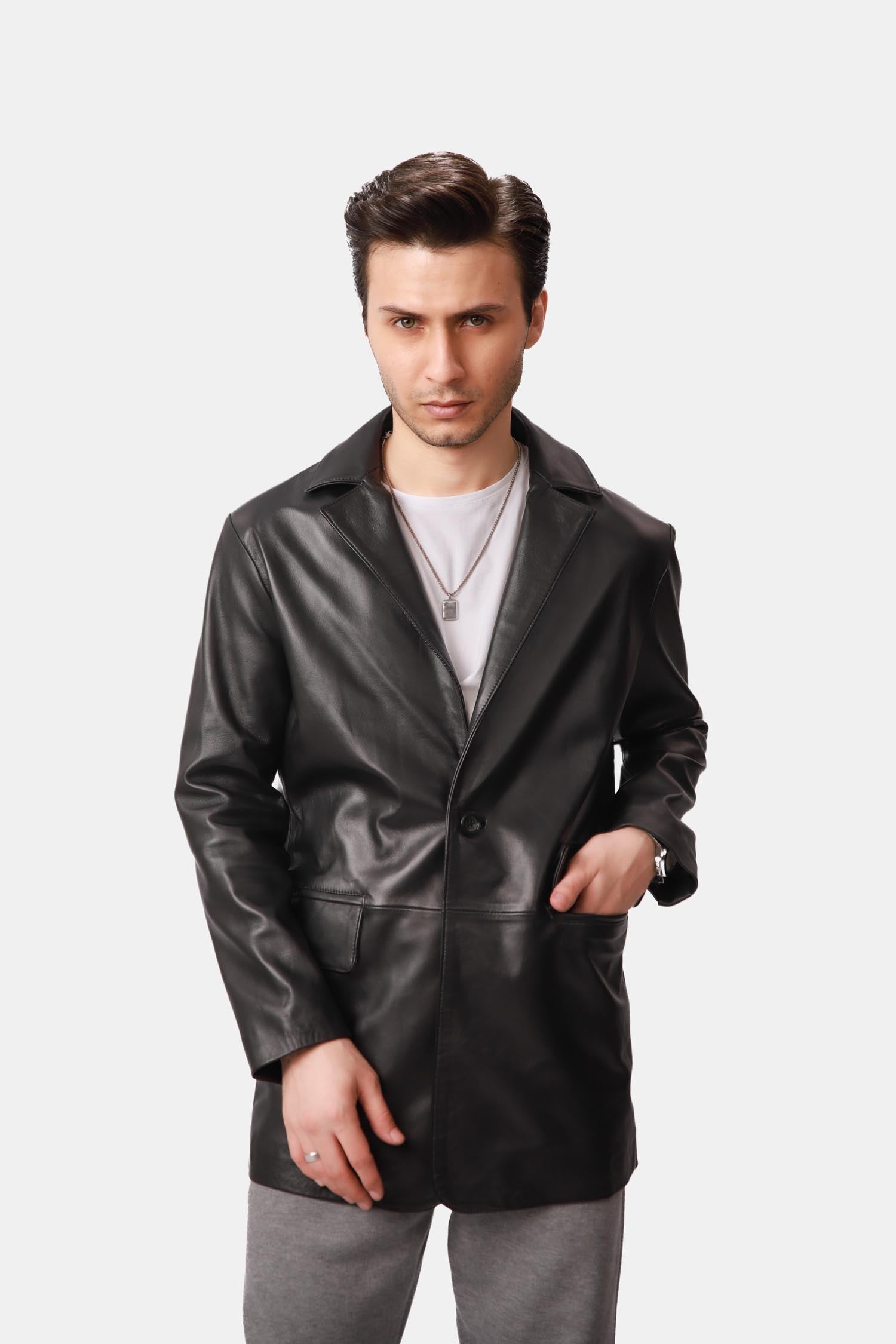 Steelwrath Black Matte Finish Leather Blazer For Men