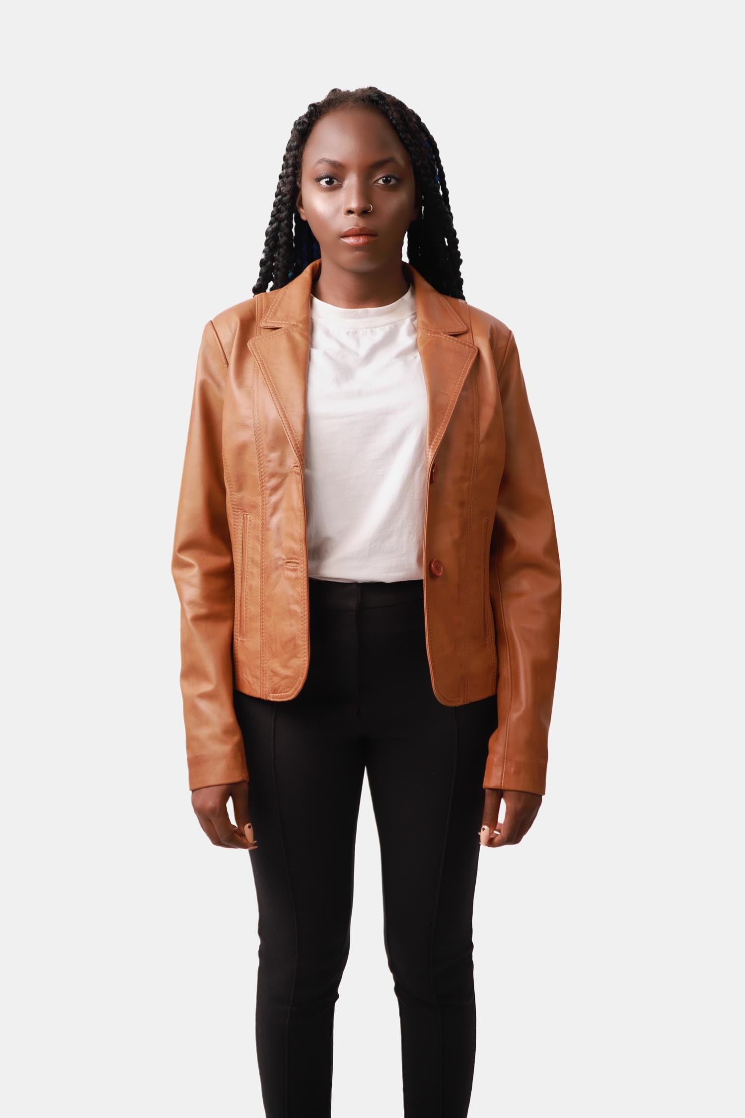 Steez Tan brown Classic Leather Blazer For Women