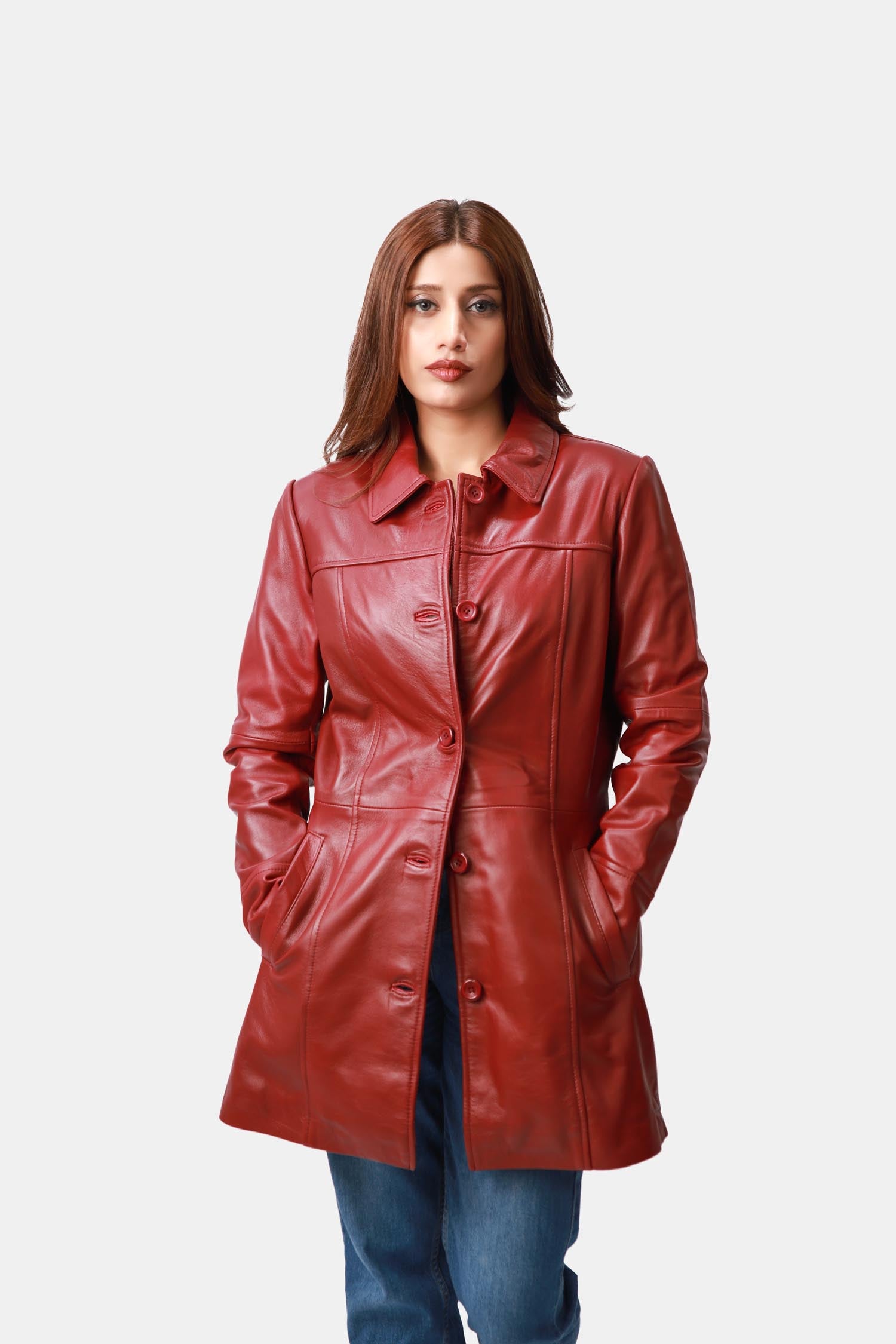 Swifty Brick Red Leather Car Coat For Women