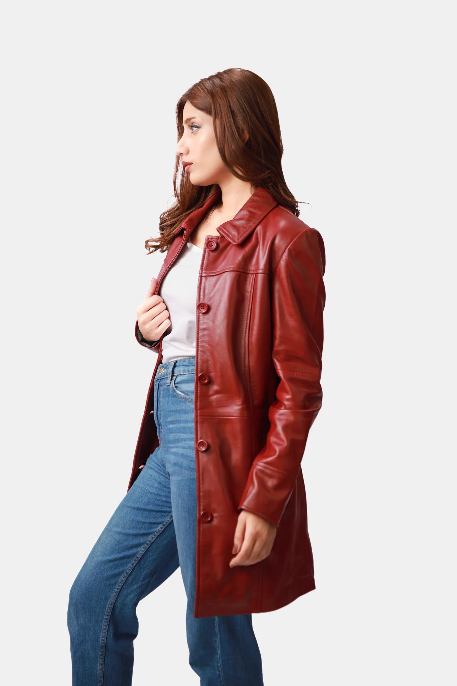 Swifty Brick Red Leather Car Coat For Women