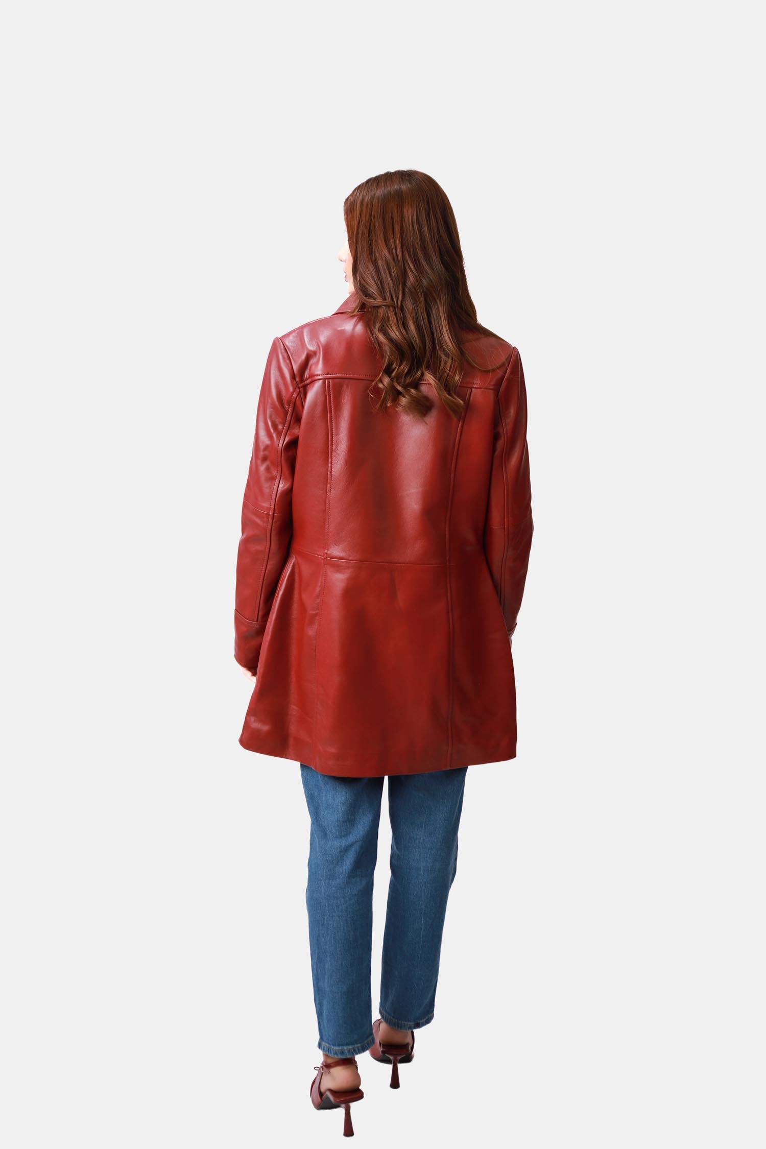 Swifty Brick Red Leather Car Coat For Women
