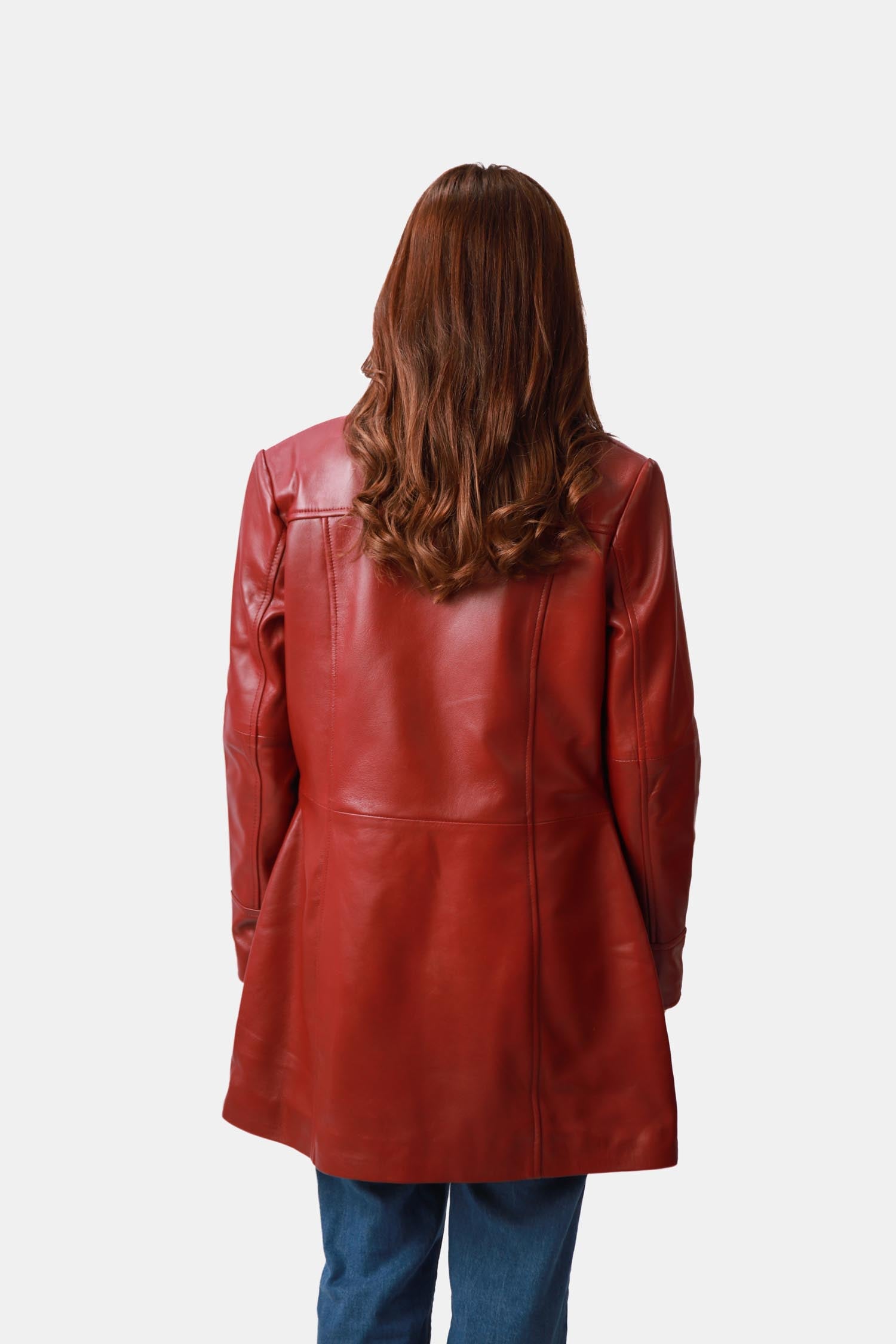 Swifty Brick Red Leather Car Coat For Women